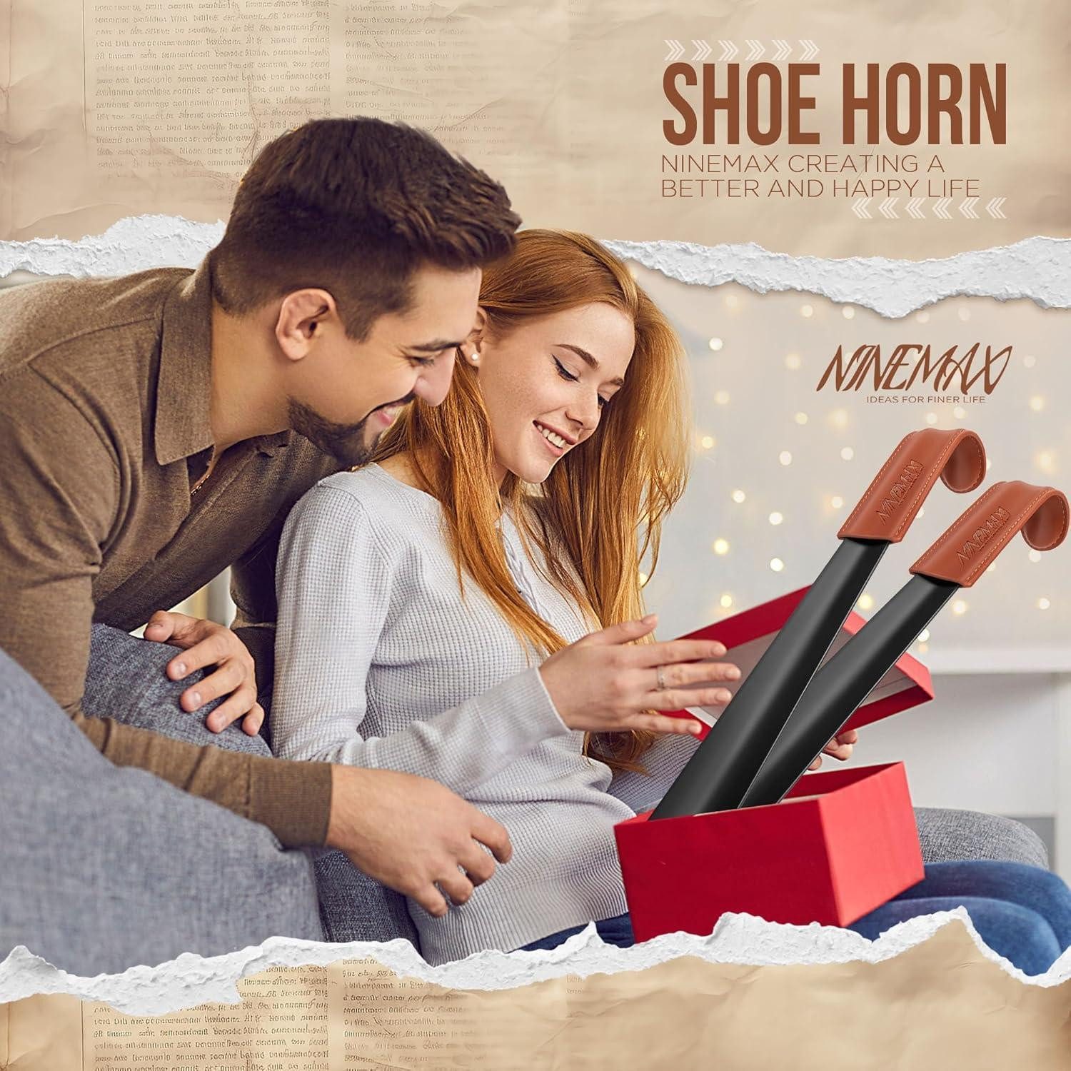 NINEMAX Schuhlöffel Schuhlöffel Metall Lang 42cm Schwarz Ledergriff Shoe Horn