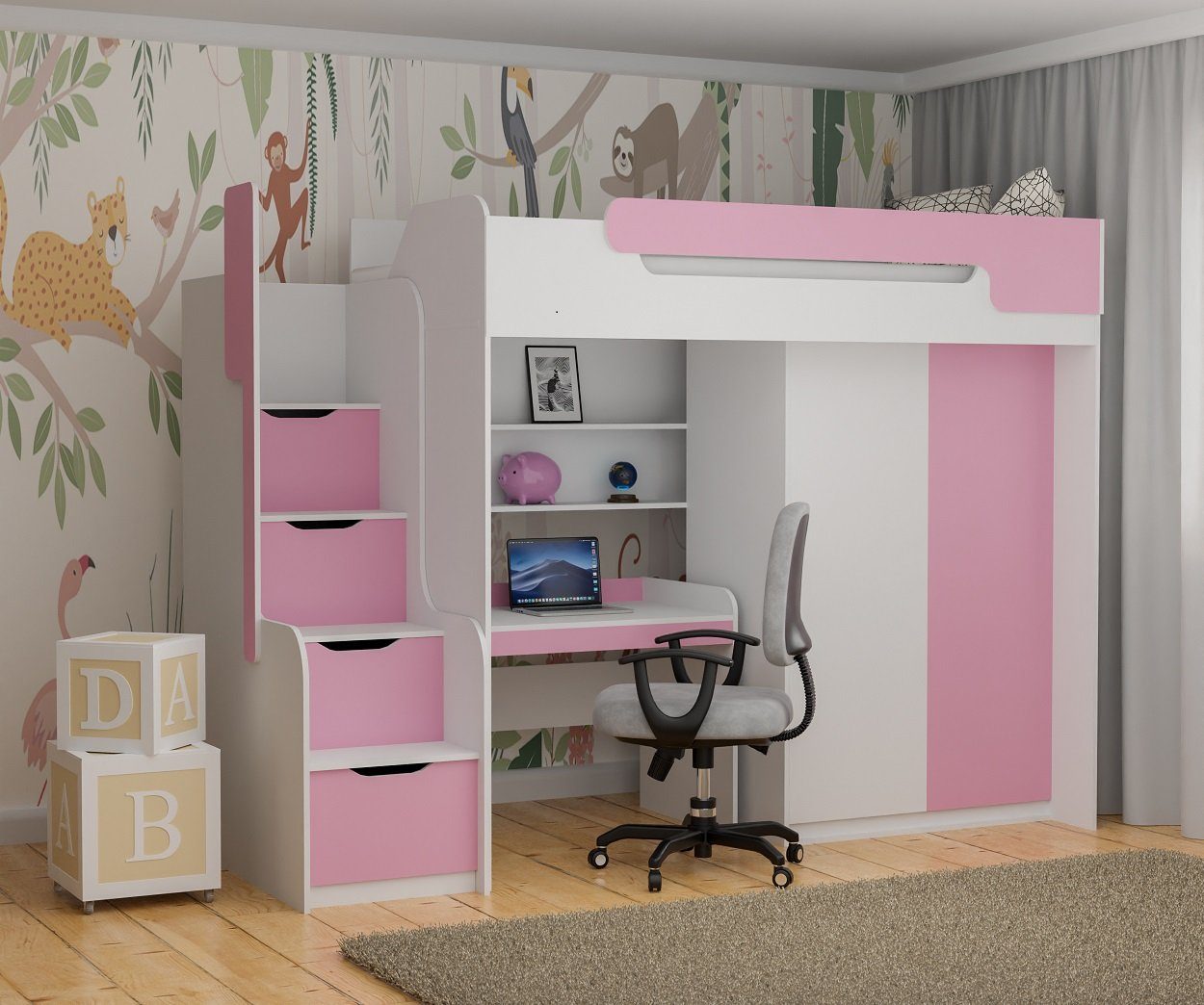 Möbel-Zeit Hochbett Hochbett DORIAN mit Schreibtisch und Schrank pink