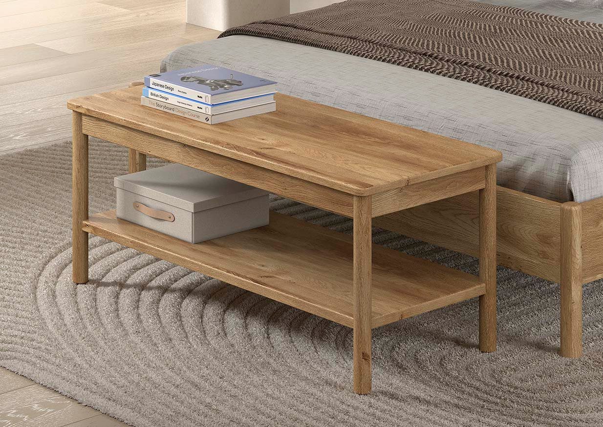 Vipack Bettbank Olive, Eiche teilmassiv in zeitlosem Design, universell einsetzbar (B/H/T ca. 110x46x46cm), Farbe Eiche natur, mit einem Ablageboden), sie kann am Bettende oder auch in der Diele eingesetzt werden