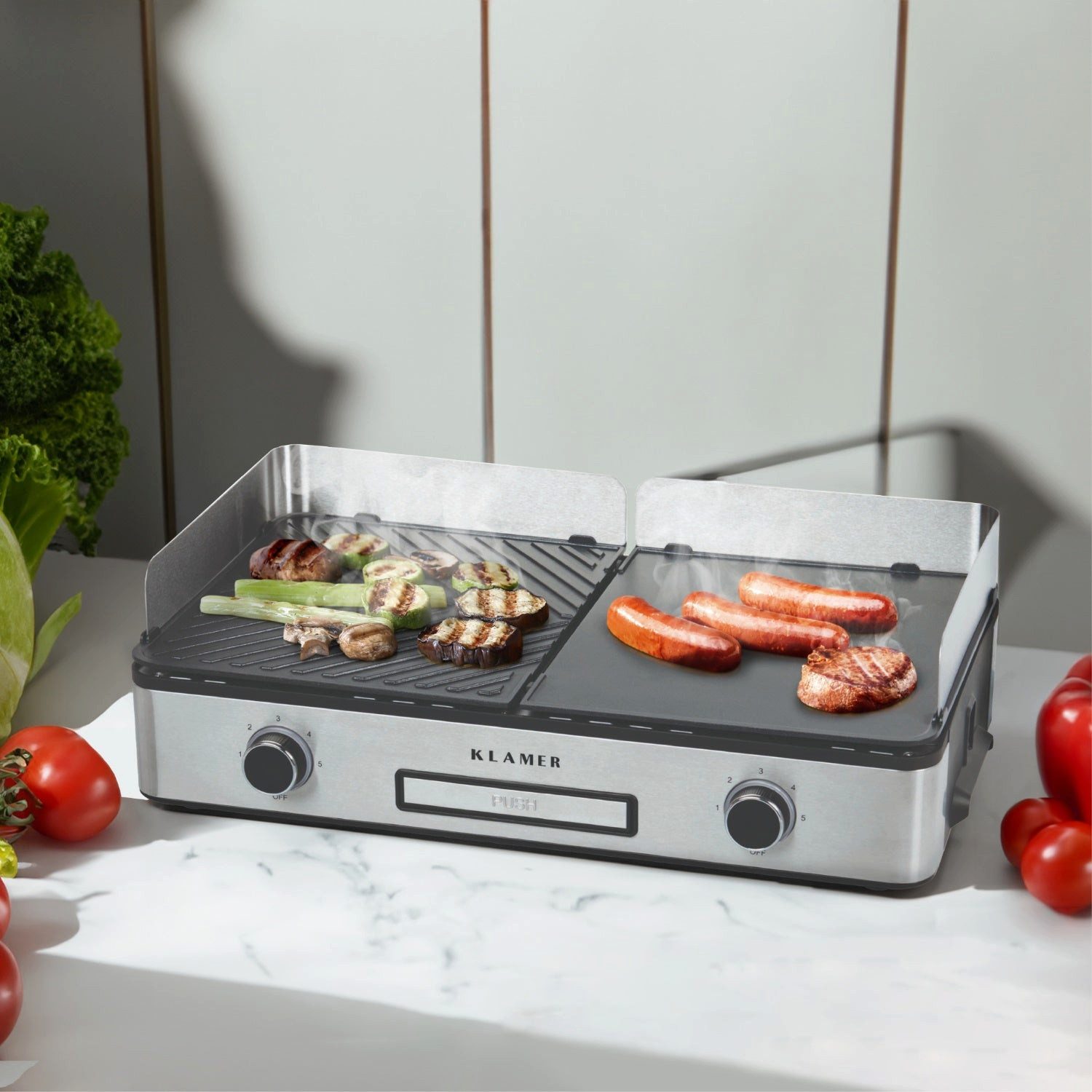 KLAMER Elektrogrill Antihaftbeschichtete und abnehmbare Duo-Platten, separate Temperature…, 2400 W, 2 Grillplatten, Temp.-Regler, Premium Antihaft