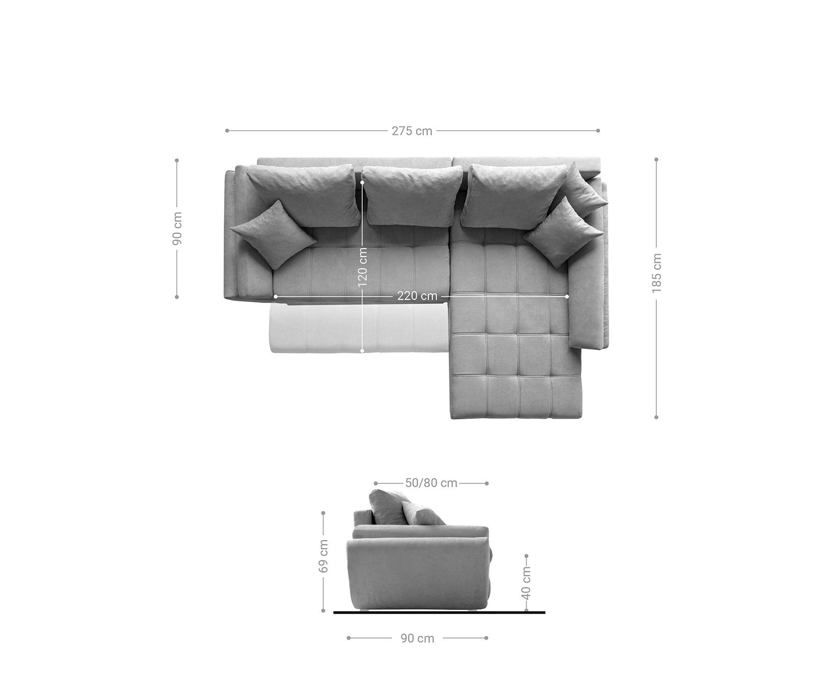 DELIFE Ecksofa Schlaffunktion Weiss 275x185 variabel Grau Loana, cm mane