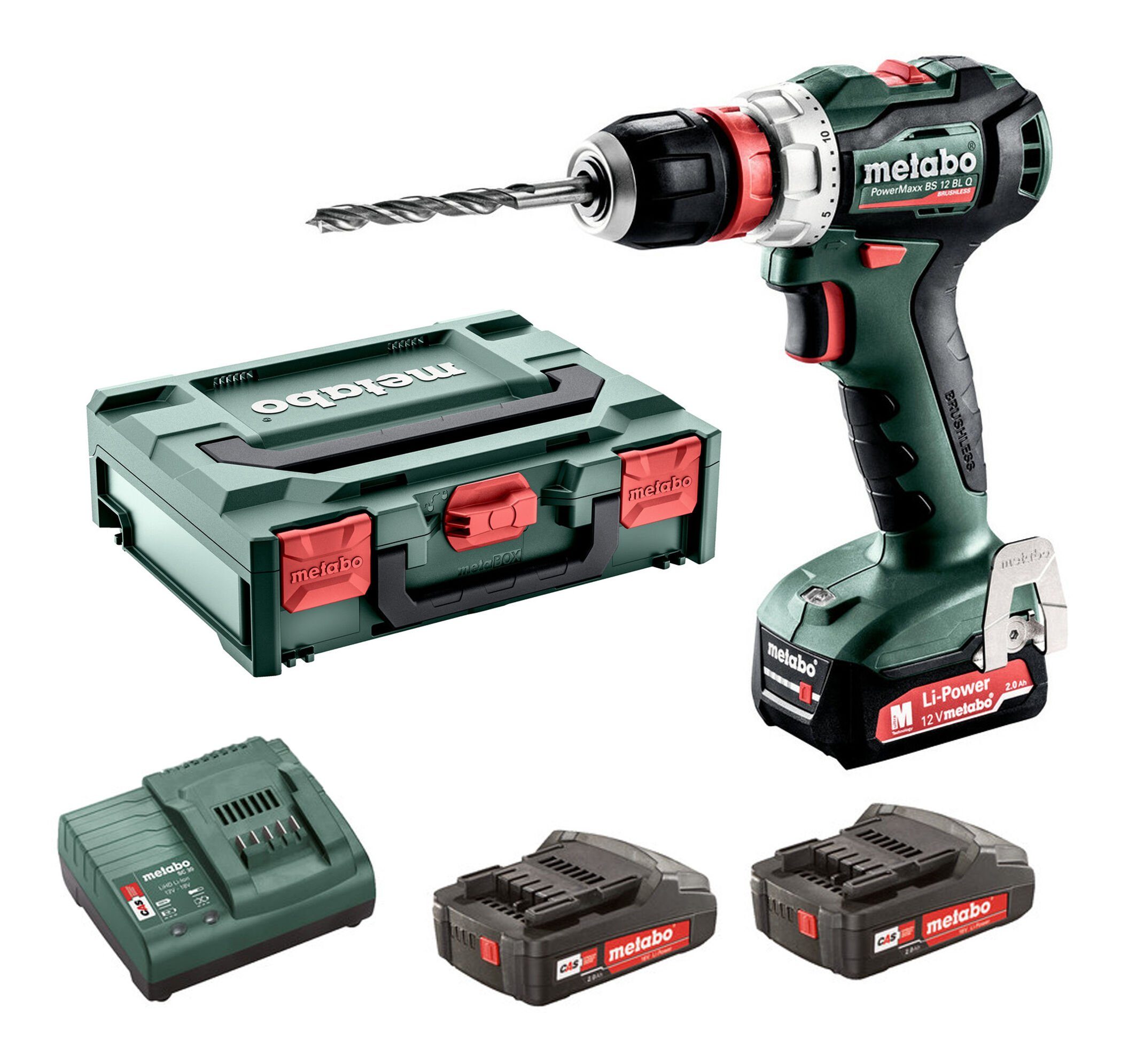 metabo Akku-Bohrschrauber PowerMaxx BS 12 BL Q, 12 V, Bohrmaschine 2 x 2 Ah Li-Ion in MetaBox