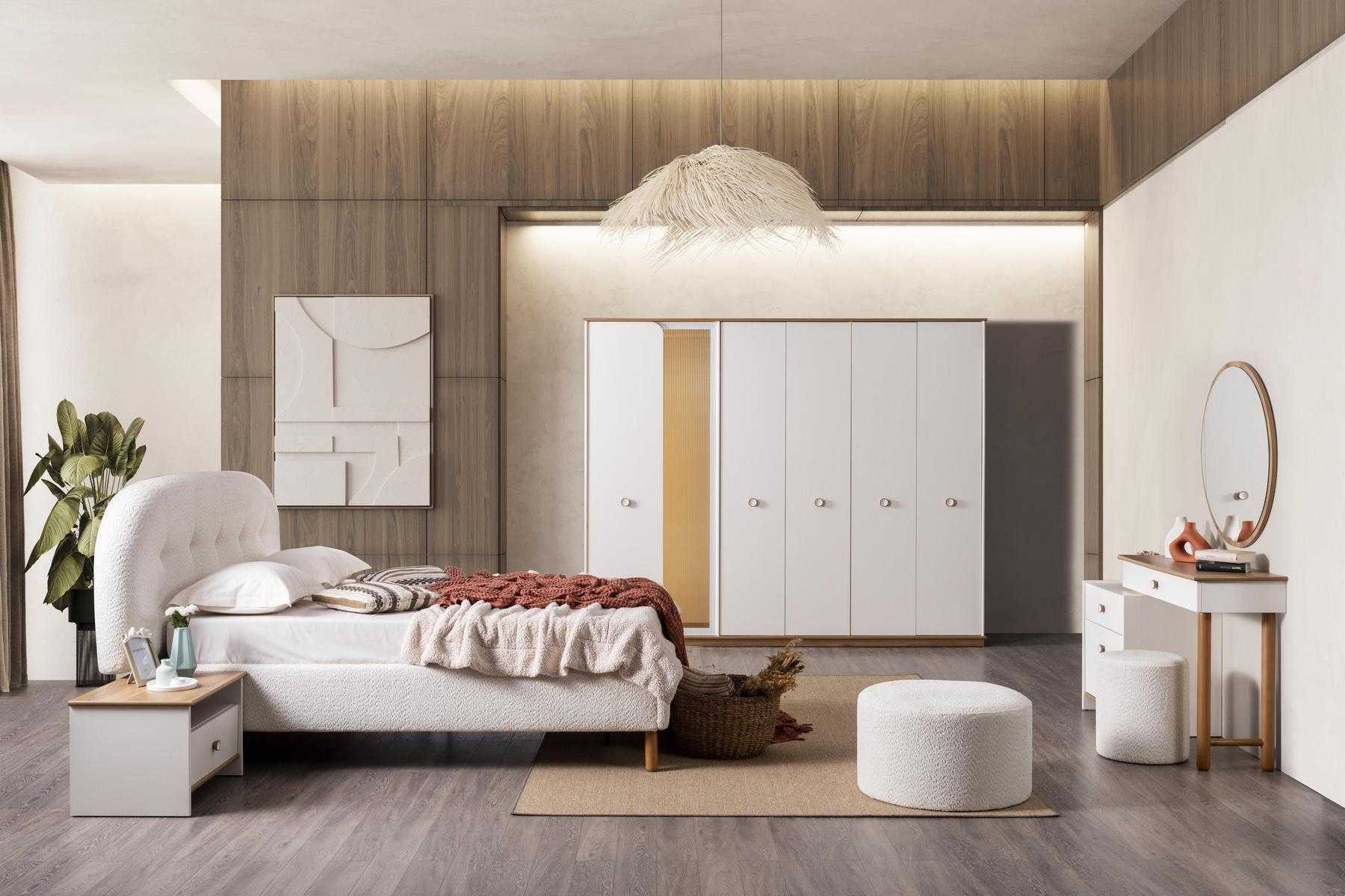 JVmoebel Schlafzimmer-Set Bett Nachttisch Kleiderschrank Schminktisch Spiegel Hocker Stil modern, (6-tlg)