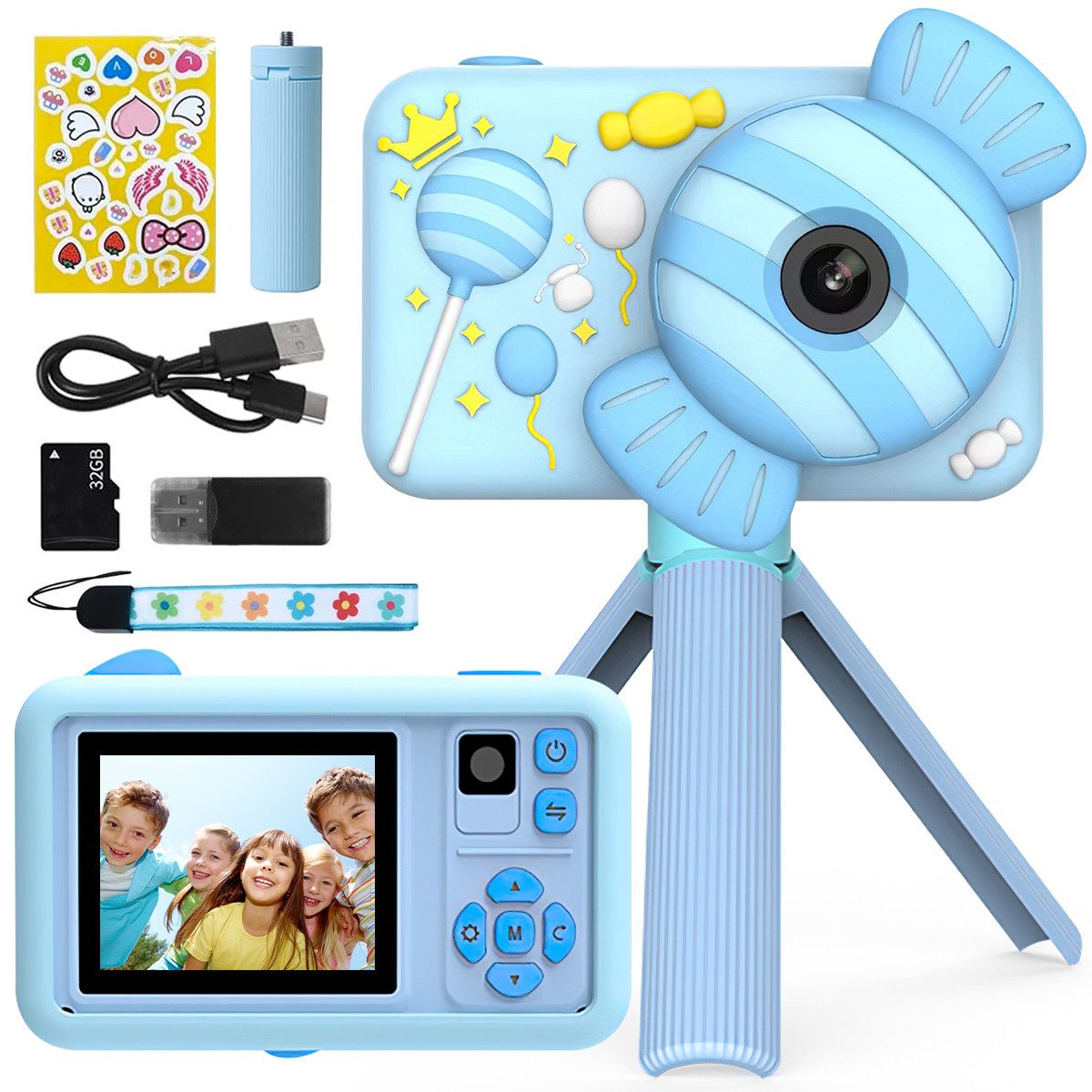MOPUEA Kinderkamera Mit Doppelobjektiv 1080P 32GB 2 Zoll Bildschirm Kinderkamera (inkl. Kamera Mit Zubehör Für Kinderfotografie, Doppelobjektiv 1080P 32GB Silikonhülle Timer Funktion)