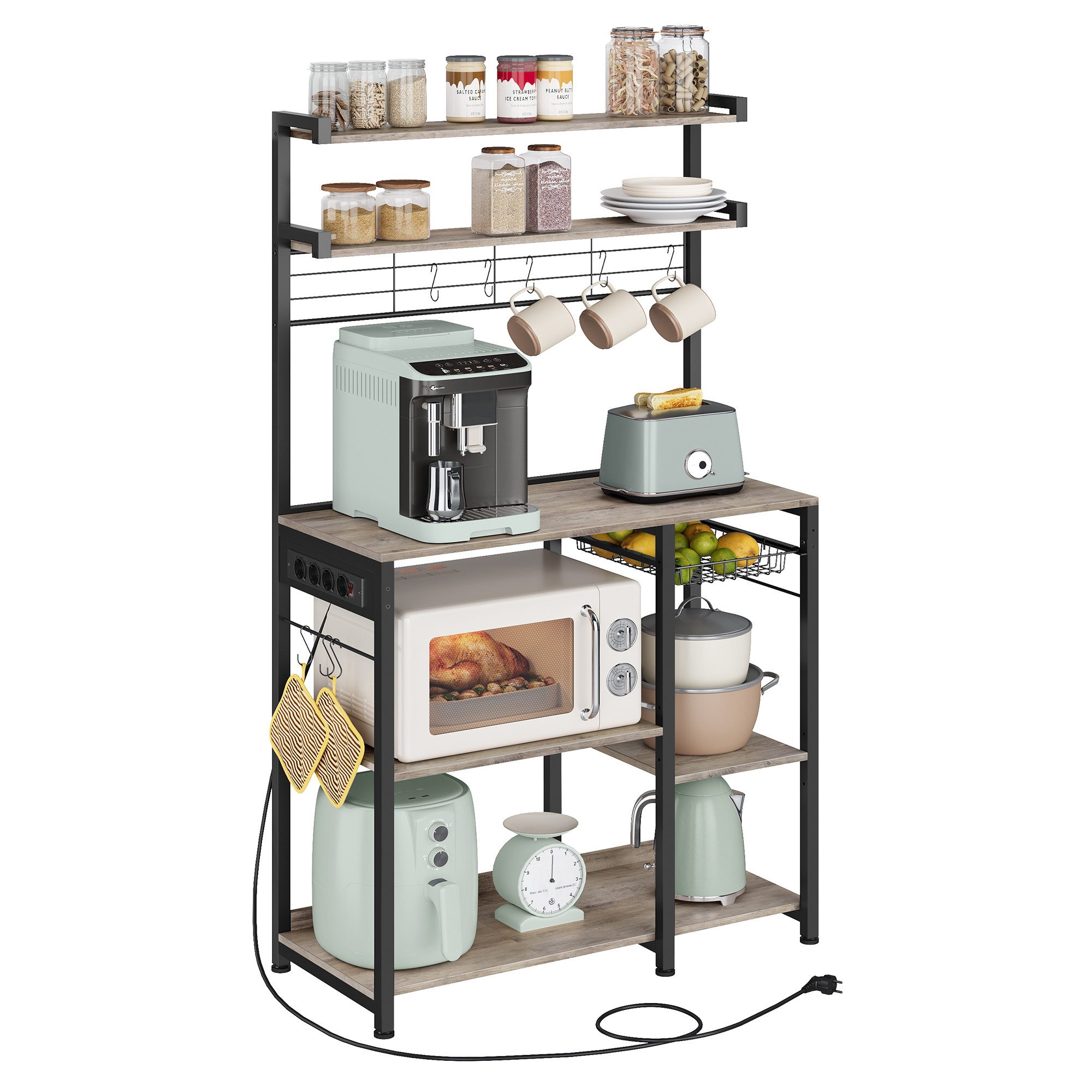 VASAGLE Küchenregal, Küchenregal mit Steckdosen, 8 S-Haken, mit Korb, Gewür günstig online kaufen