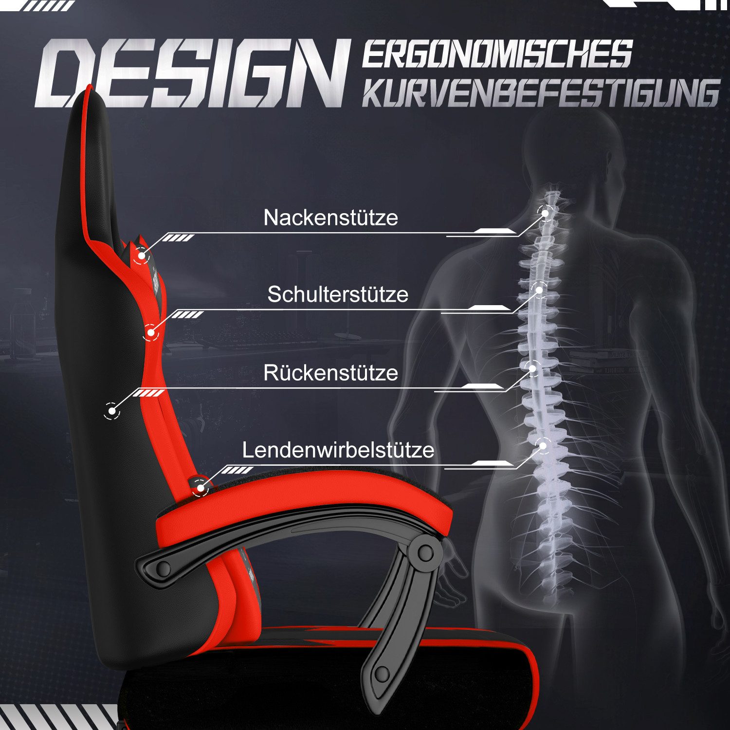 Adormii Gaming-Stuhl Gaming Stuhl ergonomisch Gaming Chair Bürostuhl verstellbare (Gaming Stuhl mit verstellbaren Lendenkissen, Armlehne und Kopfstütze, Gamer S – Bild 4 von 5