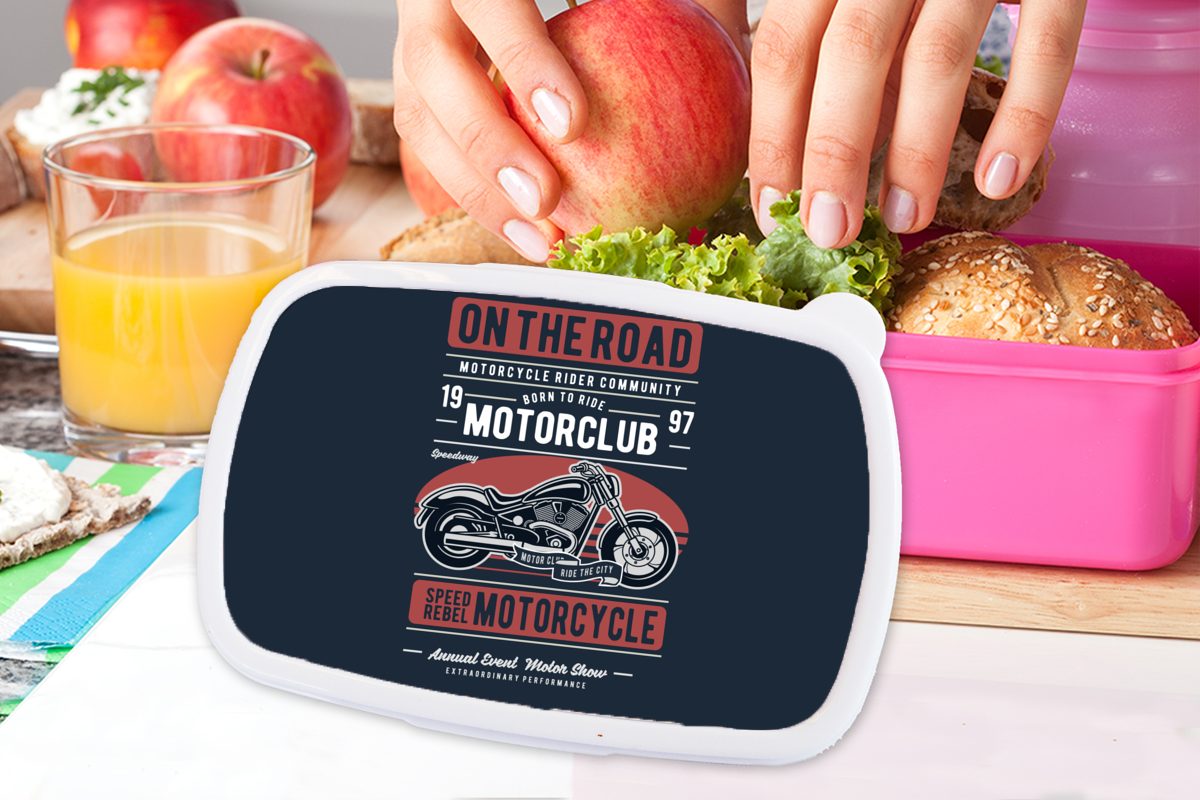 MuchoWow Lunchbox Motorrad - Retro Briefe Mädchen, - Kunststoff - Kunststoff, für Kinder, Zitat, Erwachsene, Brotdose (2-tlg), Brotbox rosa Snackbox