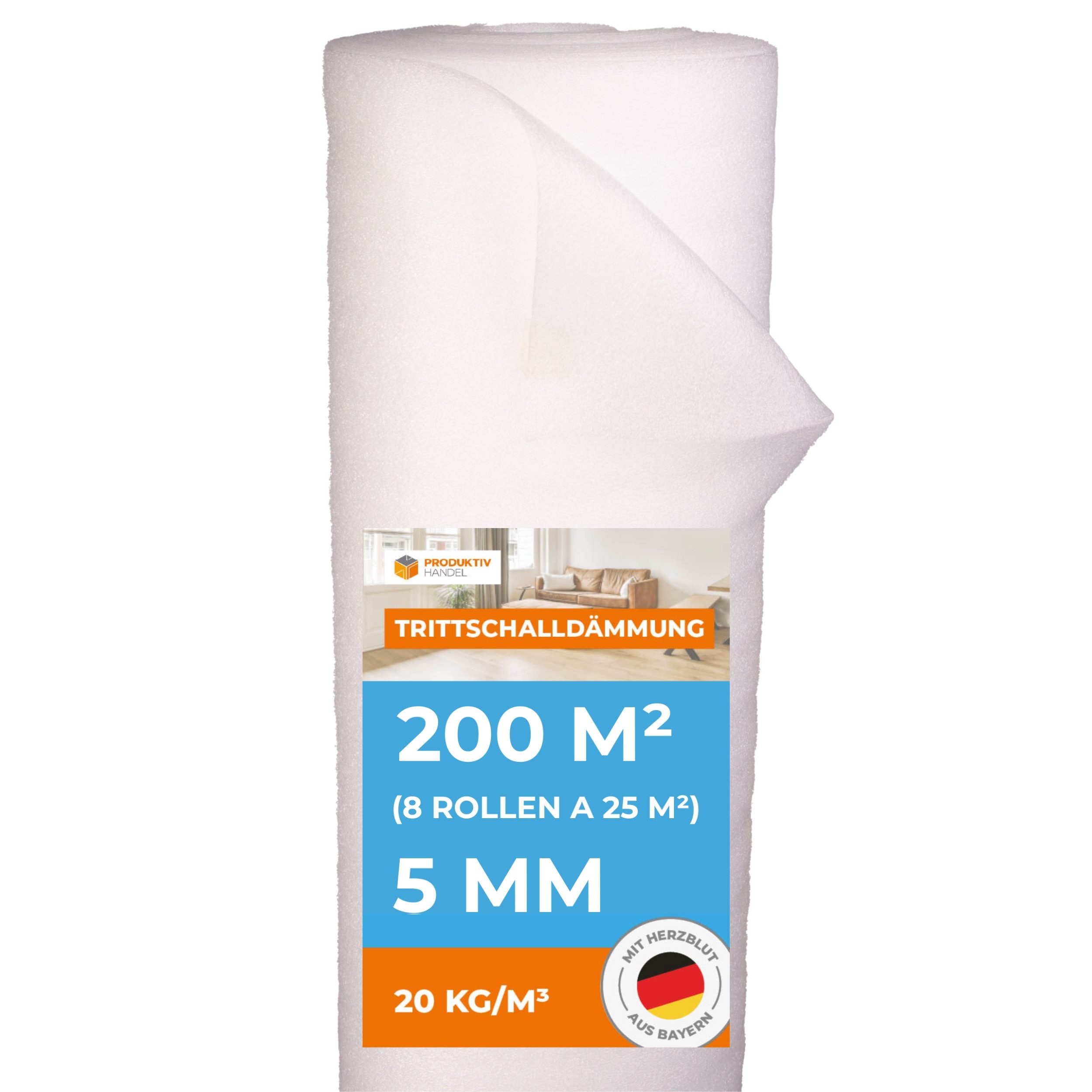 Produktiv Handel Trittschalldämmfolie Trittschalldämmung Profi Basic 5 mm, 5 mm Stärke, für Laminat und Parkett, (200 m², 8 Rollen á 25 m), für Fußbodenheizung geeignet