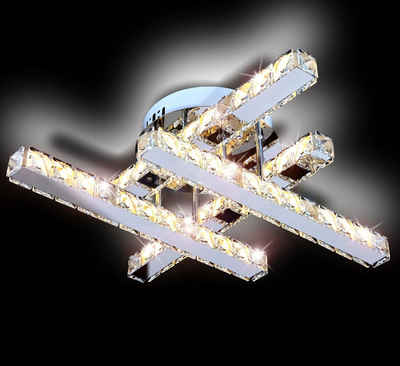 Lewima LED Deckenleuchte »SONATA« Glas Kristall 51cm Deckenlampe 24W, Modern Design Dimmbar, Warmweiß, elegante Leuchte Kreuzform Silber verspiegelt für alle Zimmer, mit niedrigen Verbrauch
