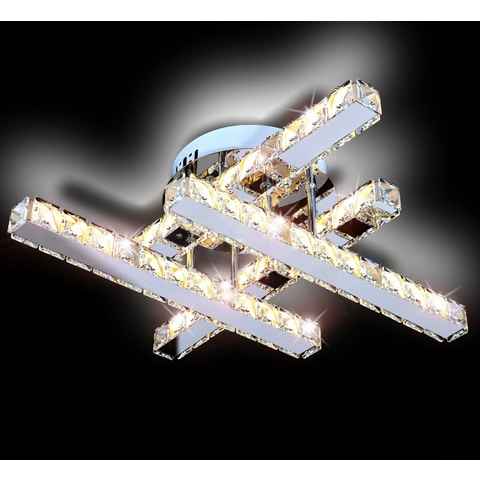 Lewima LED Deckenleuchte »SONATA« Glas Kristall 51cm Deckenlampe 24W, Modern Design Dimmbar, Warmweiß, elegante Leuchte Kreuzform Silber verspiegelt für alle Zimmer, mit niedrigen Verbrauch