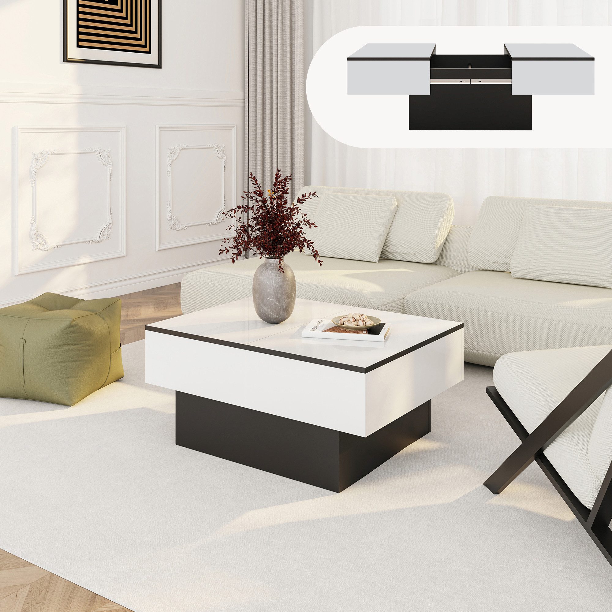 en.casa Couchtisch, ausziehbar »Lens« mit Stauraum 80x60x36 cm Schwarz/Weiß