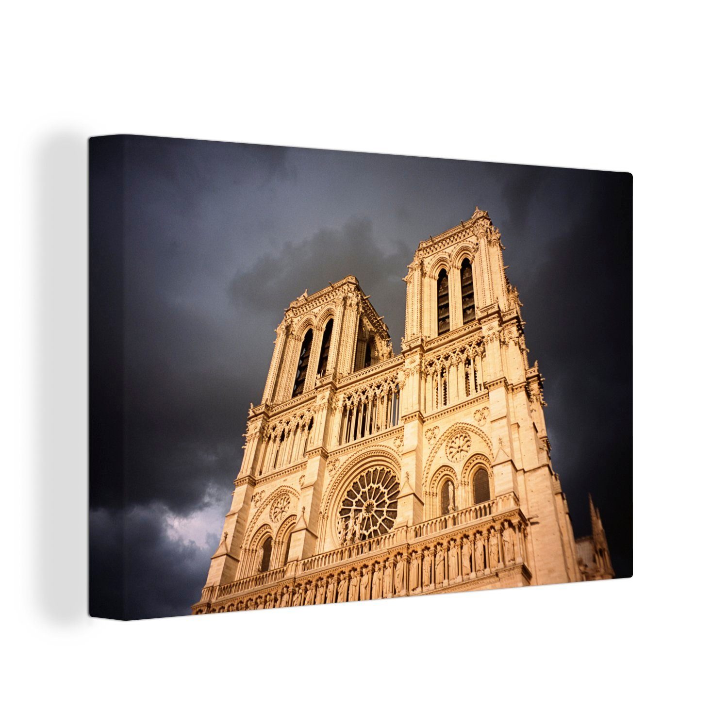 OneMillionCanvasses® Leinwandbild Dunkle Wolken über Notre Dame in Paris, (1 St), Wandbild Leinwandbilder, Aufhängefertig, Wanddeko, 30x20 cm