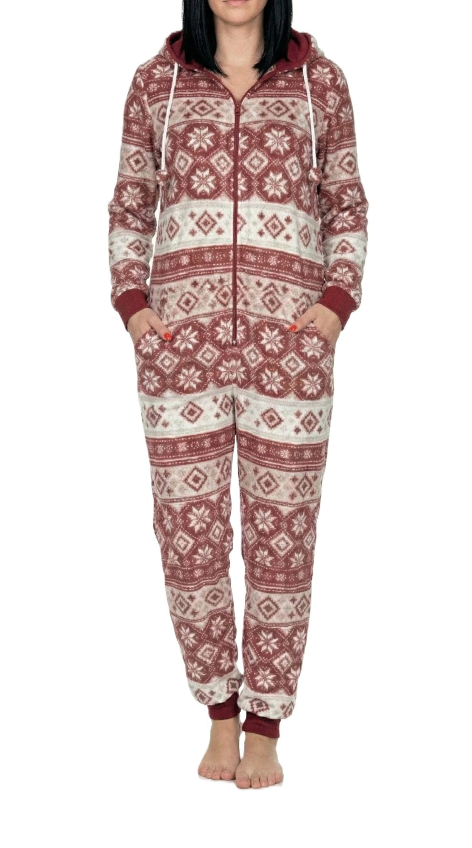 Normann Pyjama Damen Schlafanzug Jumpsuit Overall in Norweger Optik aus Coral Fleece
