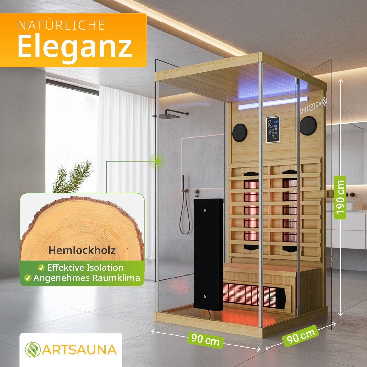 Artsauna Infrarotkabine Göteborg, BxTxH: 90 x 90 x 190 cm, (1-St) Vollspektrumstrahler, Platz für 1 Person, Inkl. LED, Bluetooth & Co