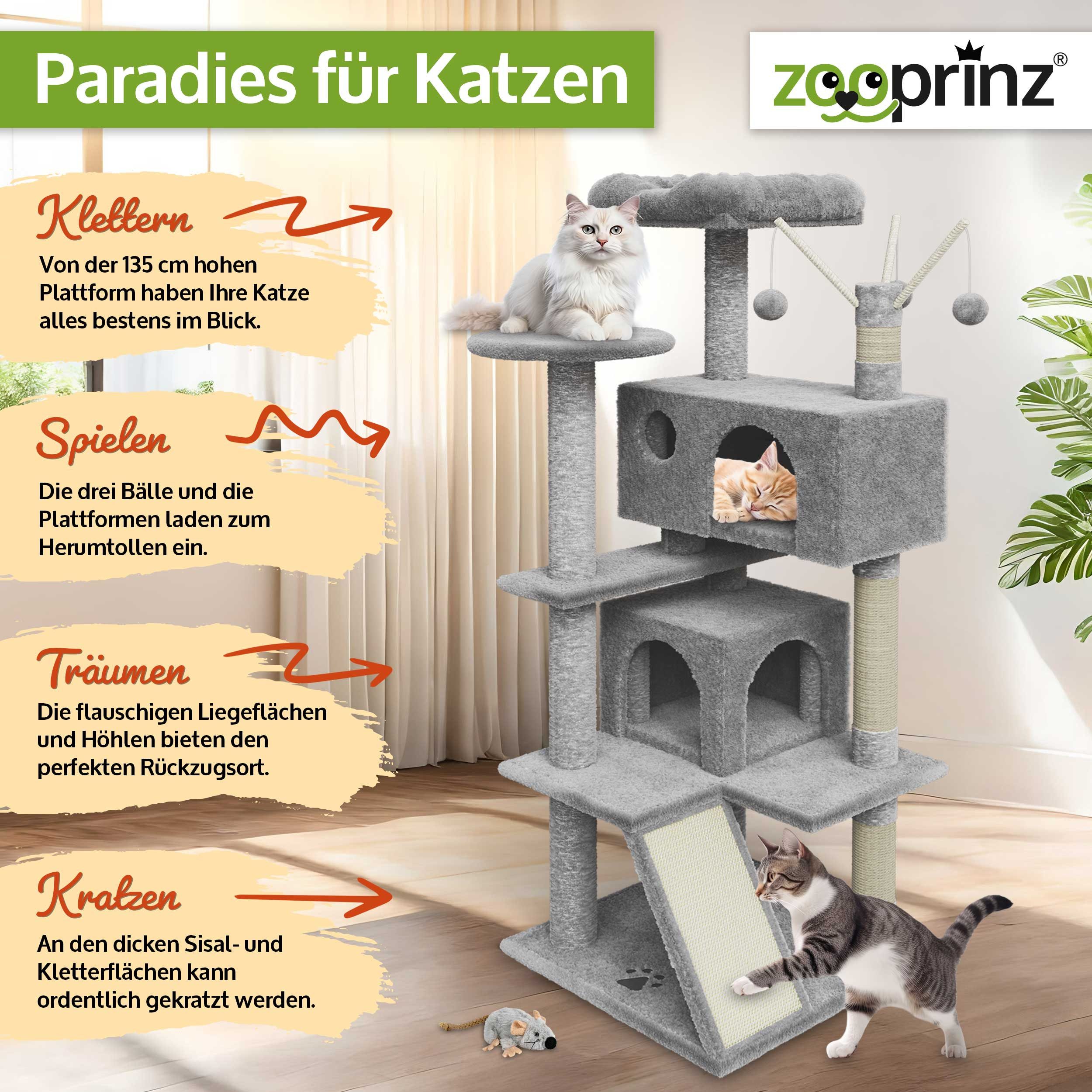 Zooprinz Kratzbaum Kitty XXL inklusive Plüschmaus, 3 Spielbälle, Strapazierfähig, 2 Höhlen, Sisalstämme