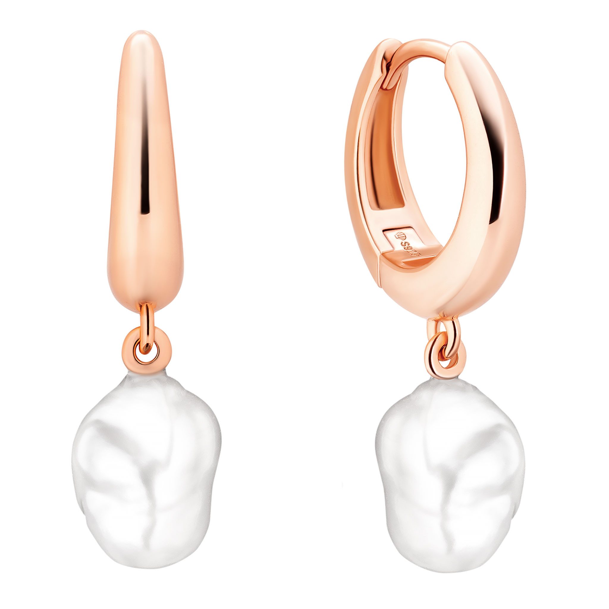 Gaura Pearls Perlenohrringe Keshi Perle hängend, 7 mm, weiß, Klappverschluss, 585 Roségold plattiertes Sterlingsilber