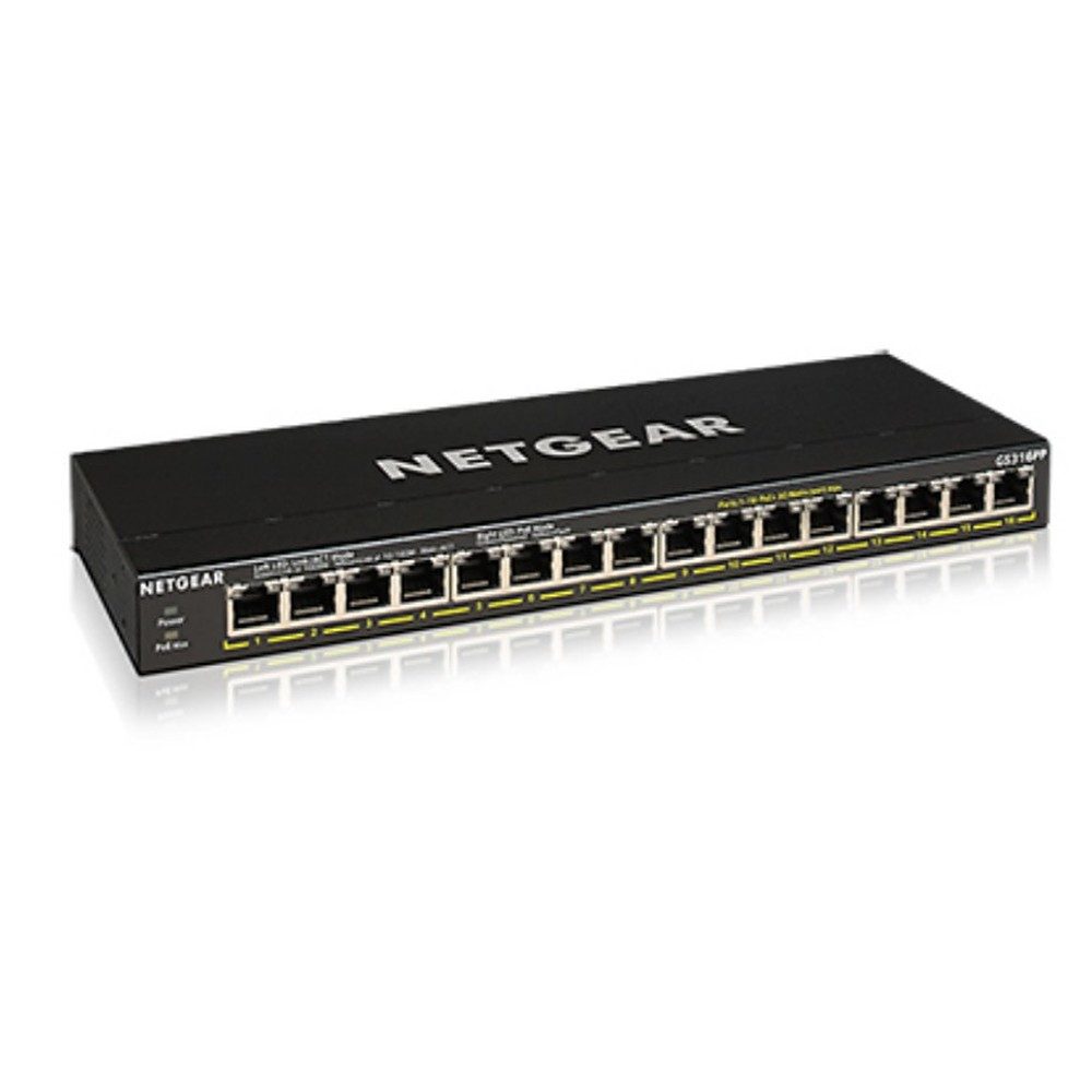 NETGEAR Netzwerkverteiler Ethernetverteiler Gigabitverteiler Netzwerk-Switch (16 Gigabit-Ports, PoE+, lüfterlos, Metallgehäuse)
