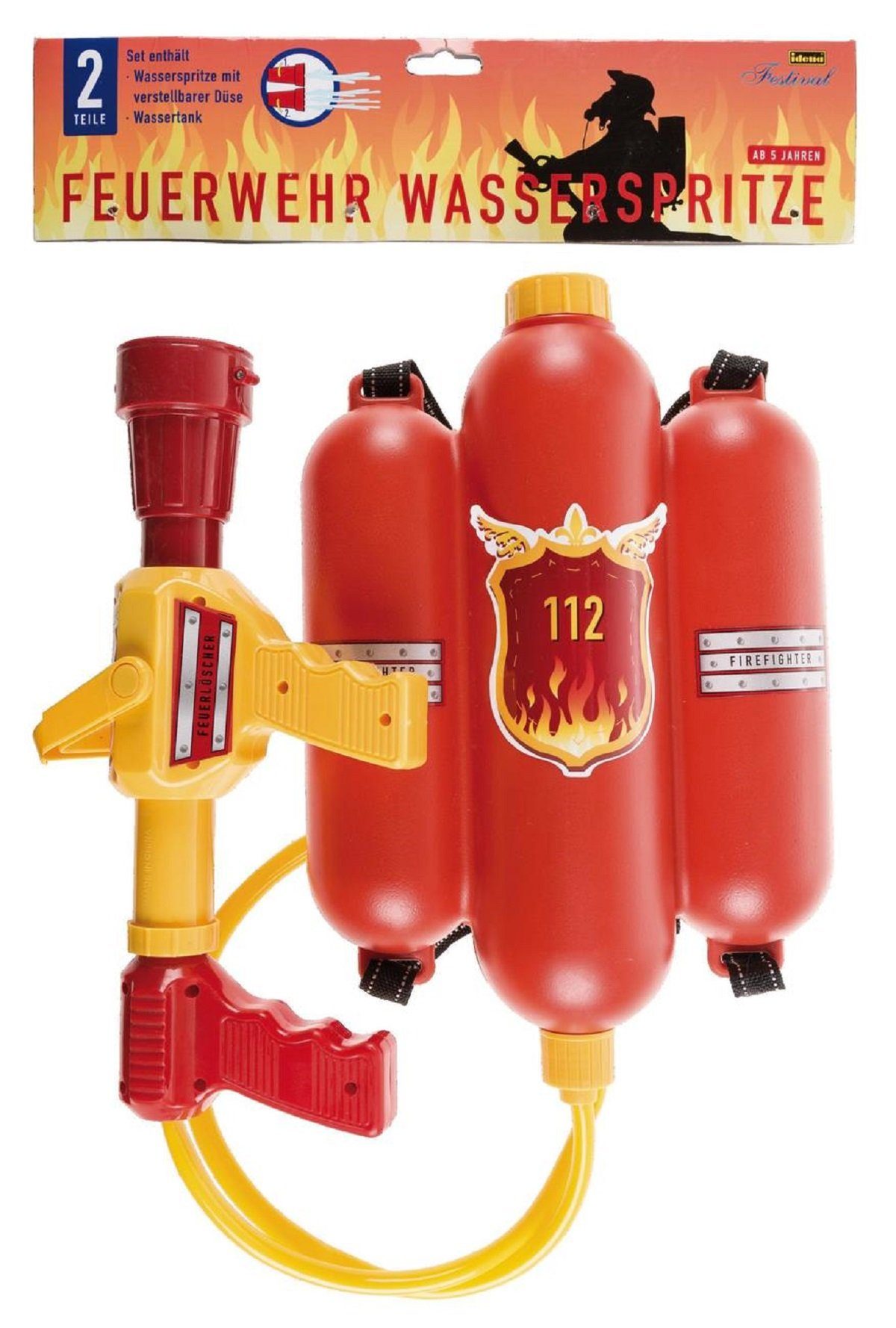cm Idena und Wassertank Spiel-Wassersprenkler Liter ca. Idena 40 verstellbarer Feuerwehr 2,2 mit Wasserspritze Düse