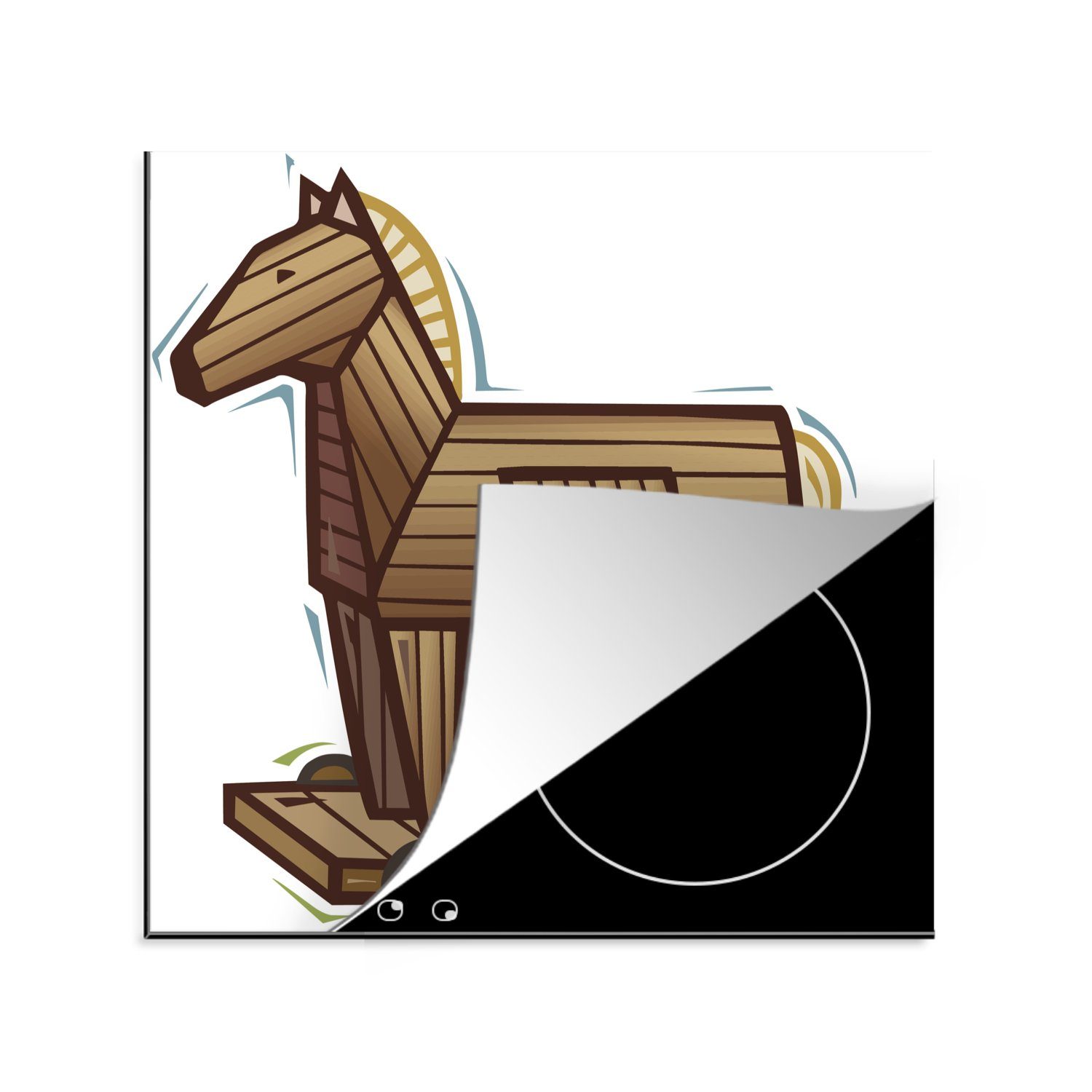 MuchoWow Herdblende-/Abdeckplatte Eine hölzernen für cm, Illustration Ceranfeldabdeckung, (1 tlg), 78x78 küche eines Pferdes Vinyl, Troja, aus Arbeitsplatte