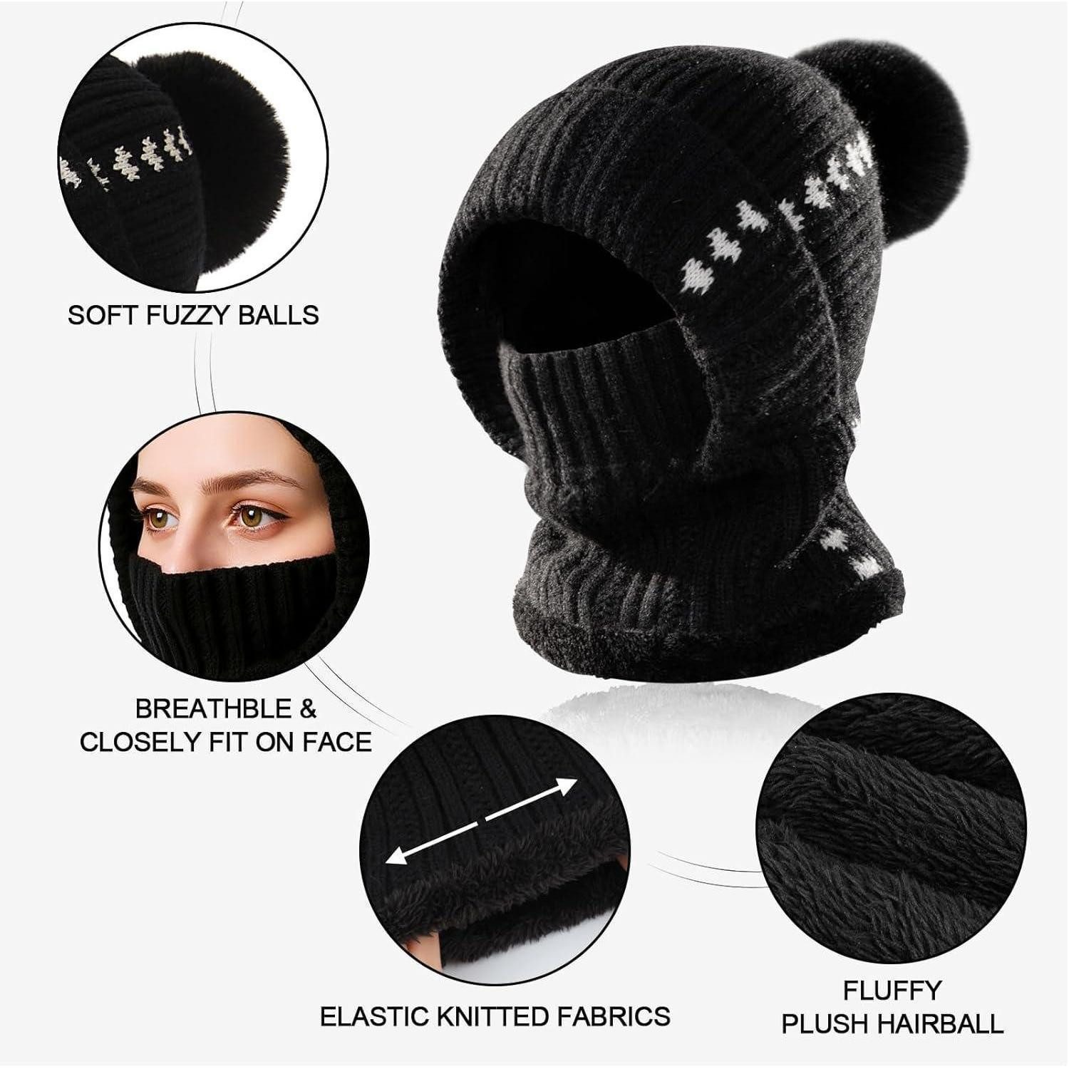 LuxusKollektion Sturmhaube Strickmütze Damen Beanie 3in1 Schal Kapuze Sturmhaube Schwarz