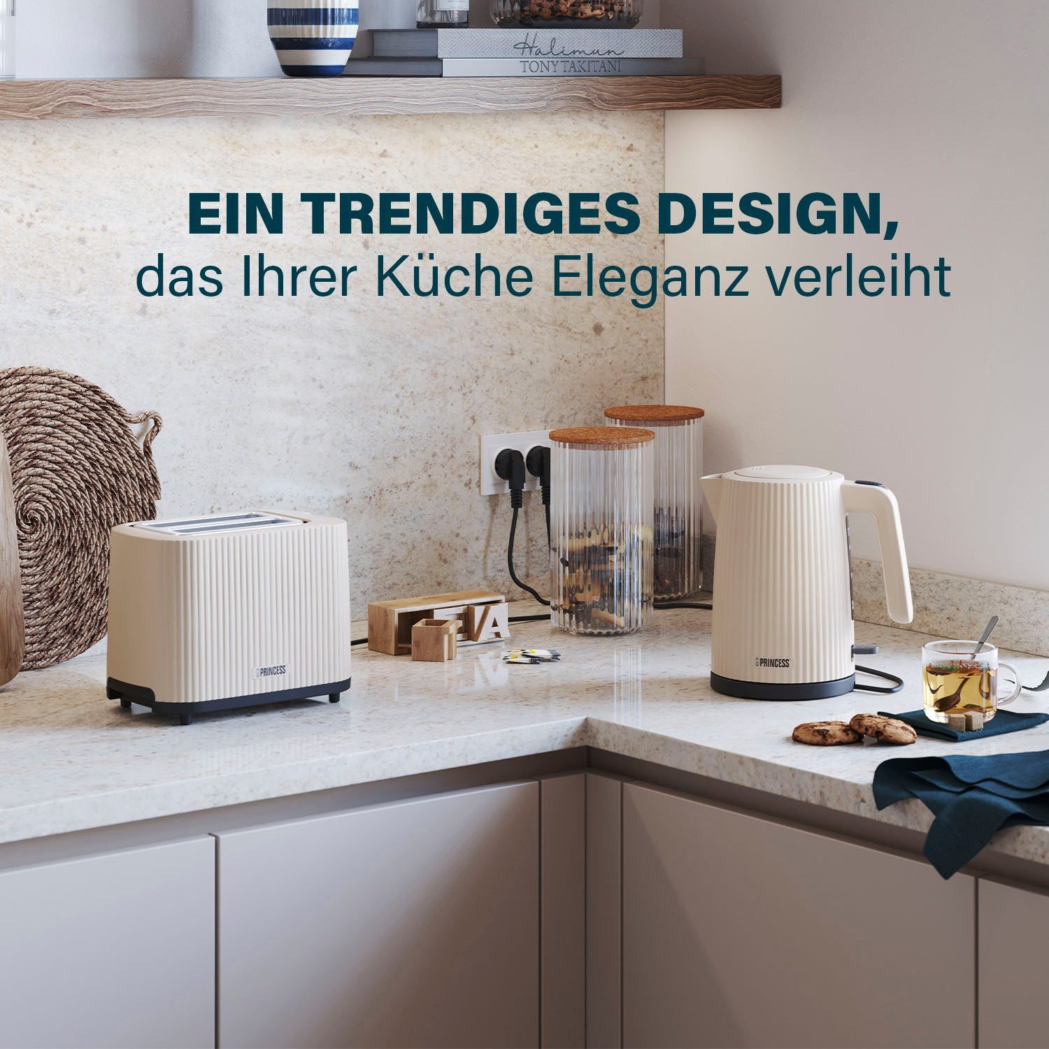 PRINCESS Toaster Princess 142337 Toaster Wave – Stilvolles Design – leistungsstarker un, 2 kurze Schlitze, für 2 Scheiben, 930 W, Wave, 7 Stufen, Krümelschublade, Auftaufunktion, Beig
