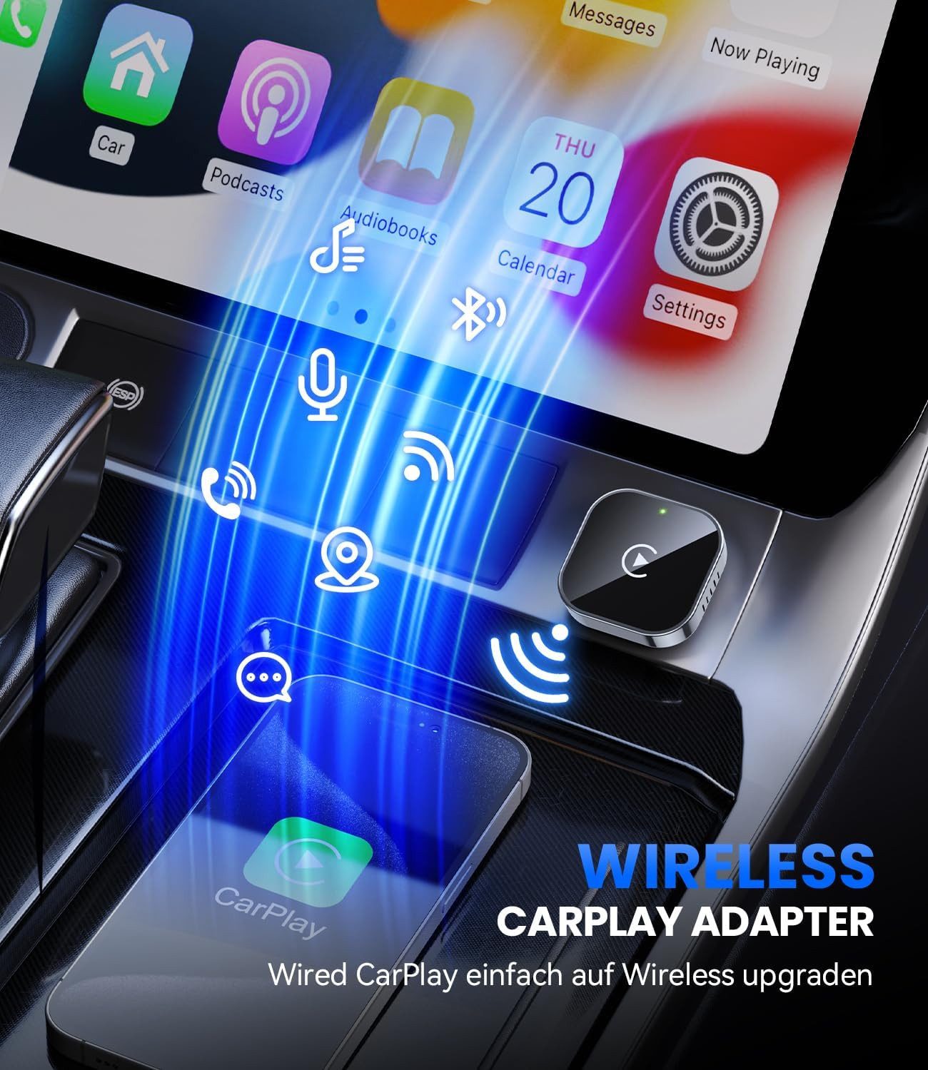 Athlix Wireless CarPlay Adapter für iPhone, CarPlay kabellos Adapter Audio- & Video-Adapter zu USB Typ A, Mini-Design, Plug & Play, Dualband-Technologie