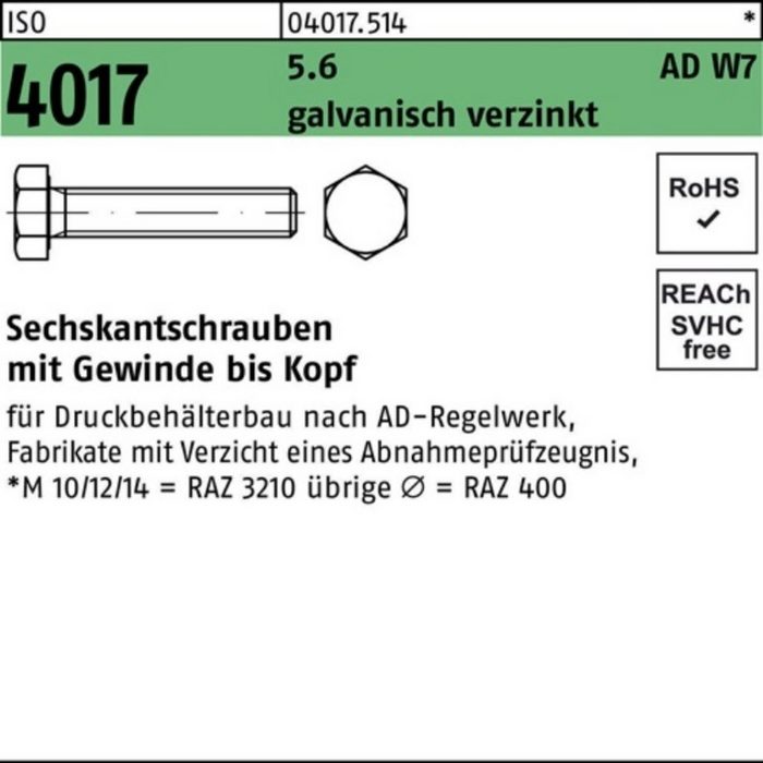 Sechskantschraube 100er Pack Sechskantschraube ISO 4017 VG M30x 65 5.6 AD W7 galv.verz.