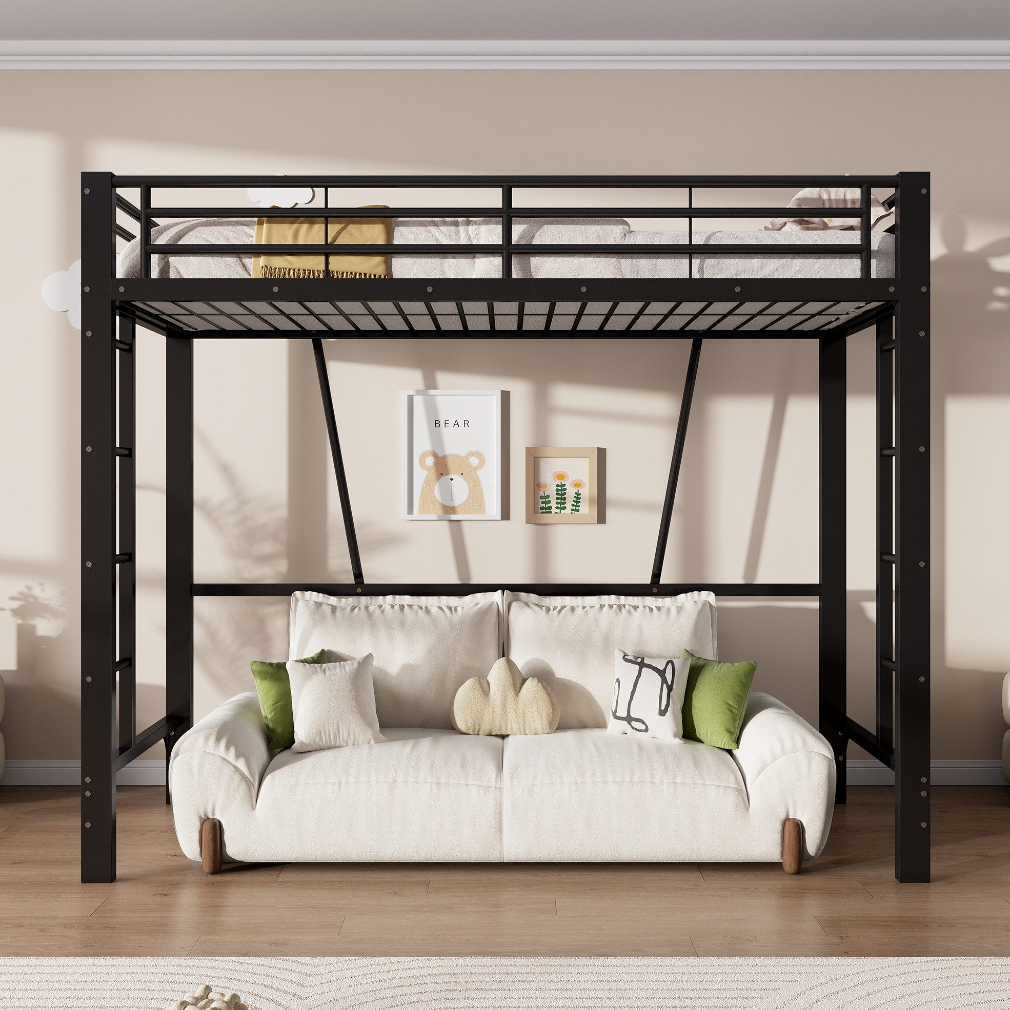 MODFU Hochbett Eisenbett mit offener Gestaltung unter dem Bett, Jugendbett (90x200 cm, Funktionsbett mit sicherer Doppelleiter, Metallbett) ohne Matratze