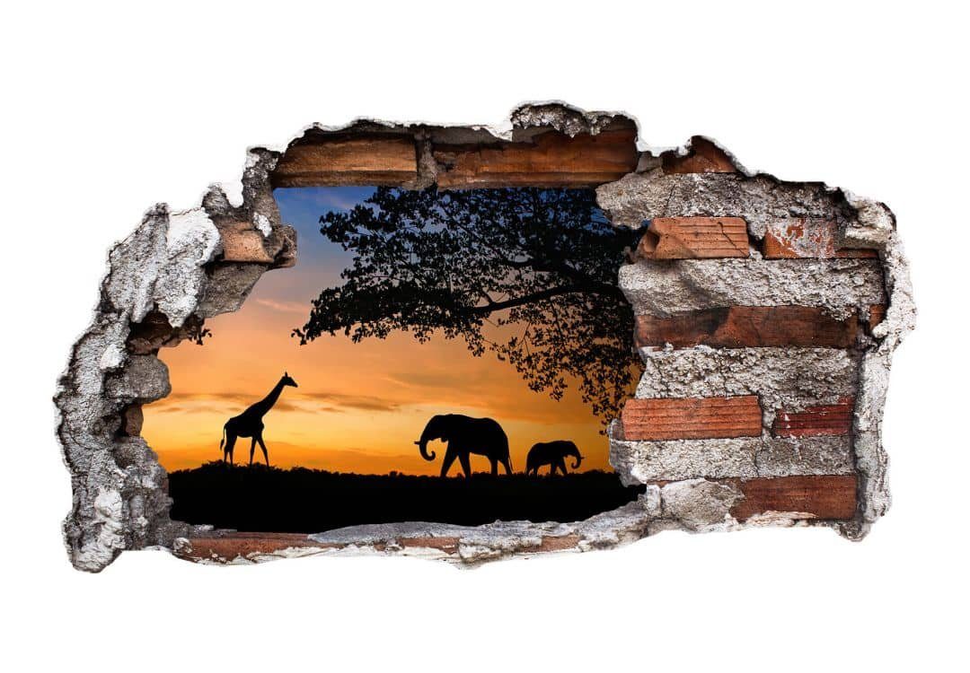 K&L Wall Art Wandtattoo 3D Wandtattoo Safari Waldtiere Giraffe Elefant Afrika Sonnenuntergang, Mauerdurchbruch Wandbild selbstklebend