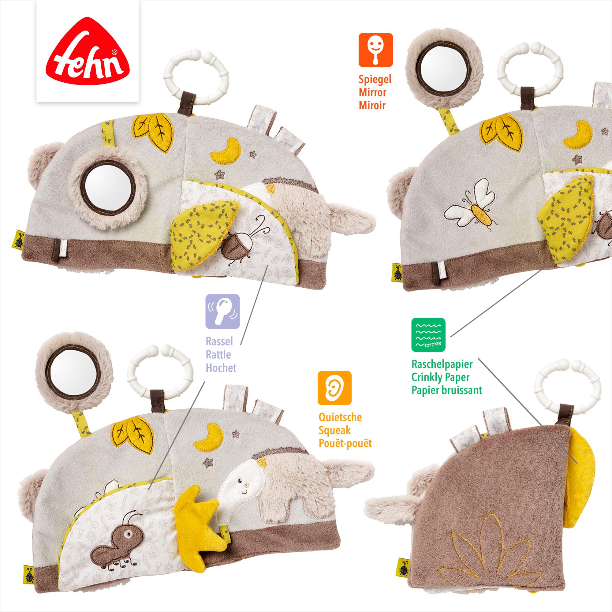 Fehn Greifspielzeug Australia, Stoffbuch, mit Ring zur Befestigung an Kinderwagen, Babyschale oder Bett