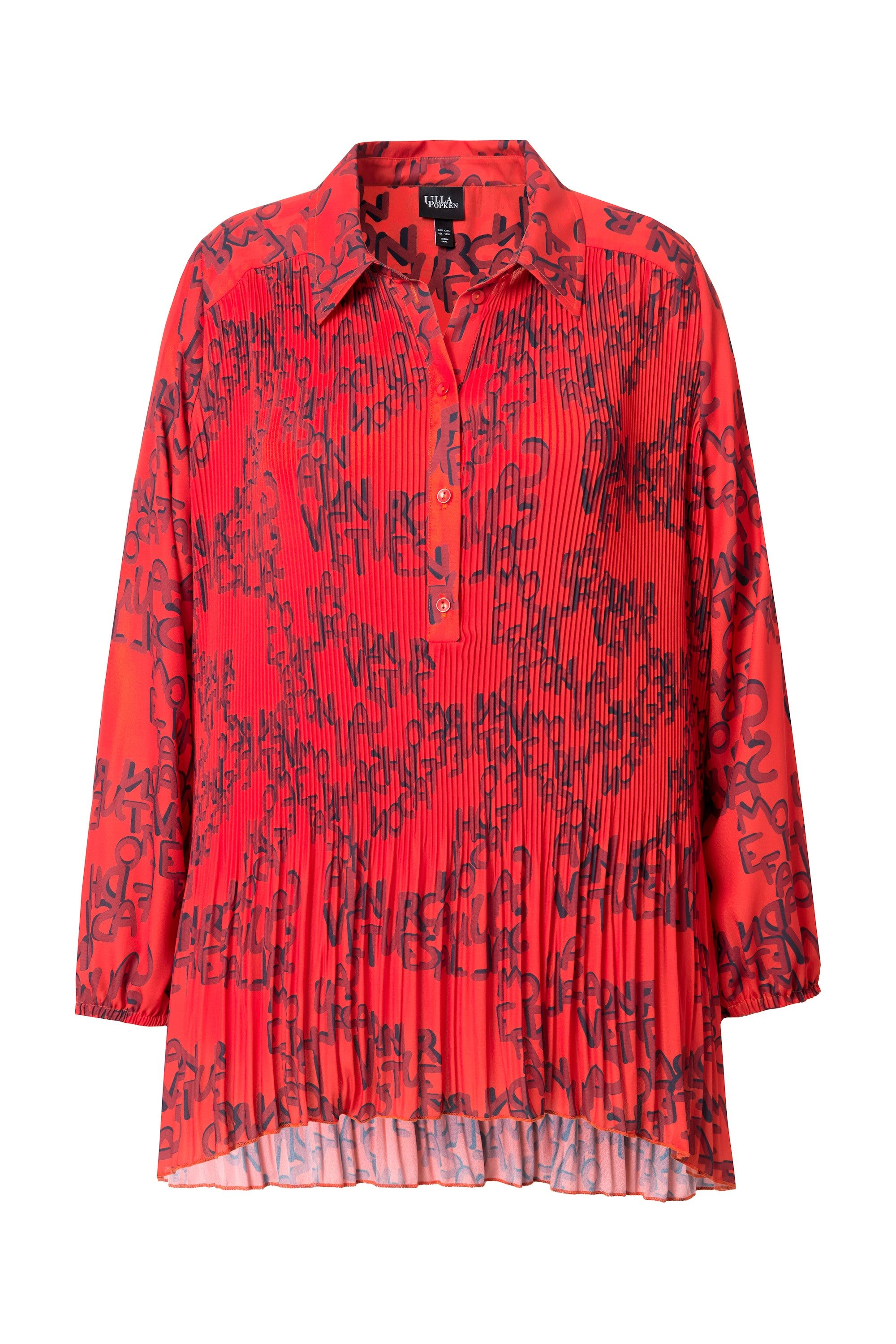 Ulla Popken Longbluse Plissee-Bluse Schriftmuster A-Linie Hemdkragen günstig online kaufen