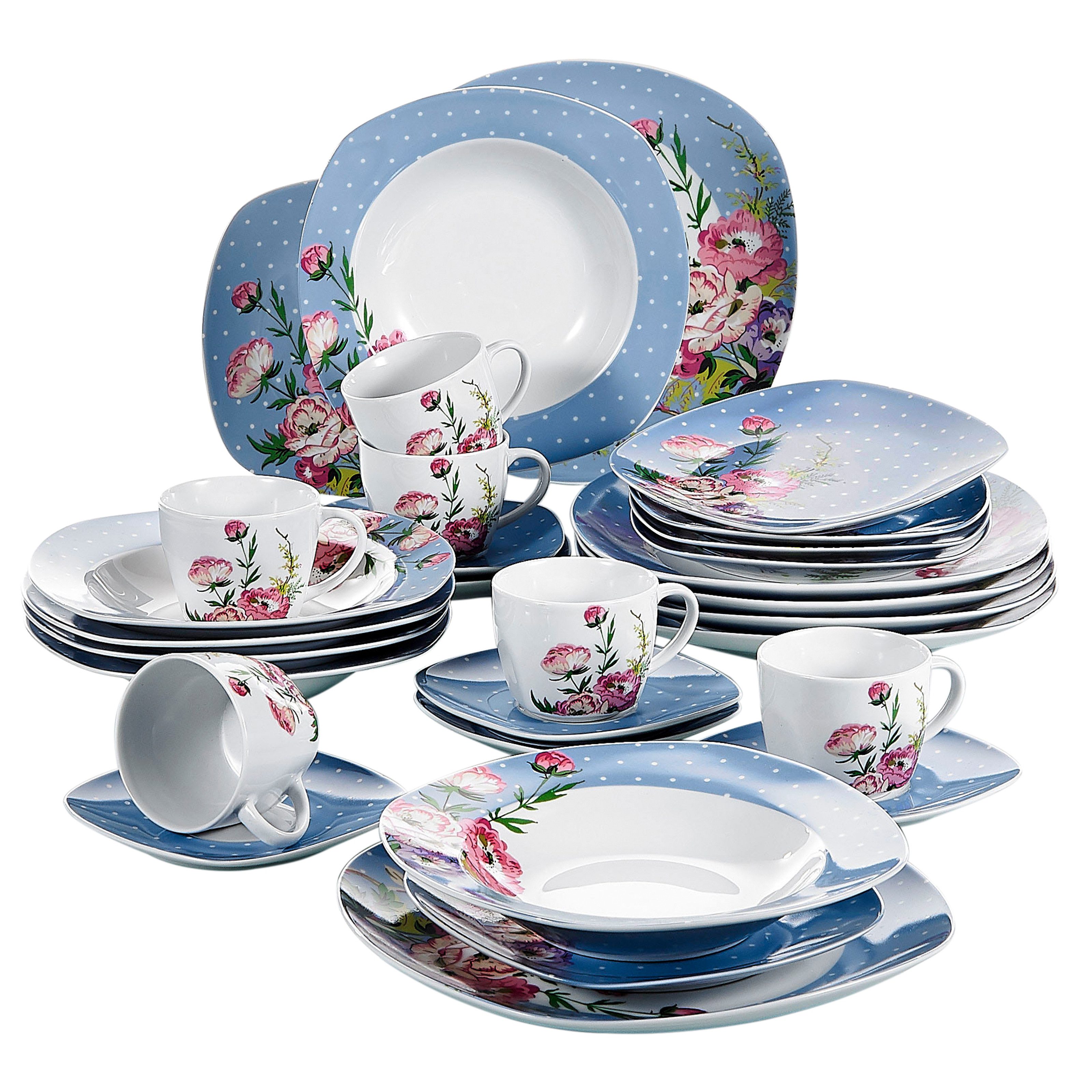 MALACASA Geschirr-Set 30tlg Geschirrset HANNAH für 6, Grauweiß Porzellan Kombiservice (30-tlg), 6 Personen, Porzellan