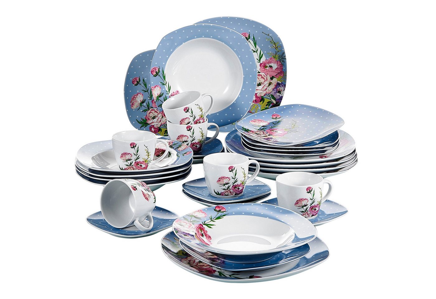 MALACASA Geschirr-Set 30tlg Geschirrset HANNAH für 6, Grauweiß Porzellan Kombiservice (30-tlg), 6 Personen, Porzellan