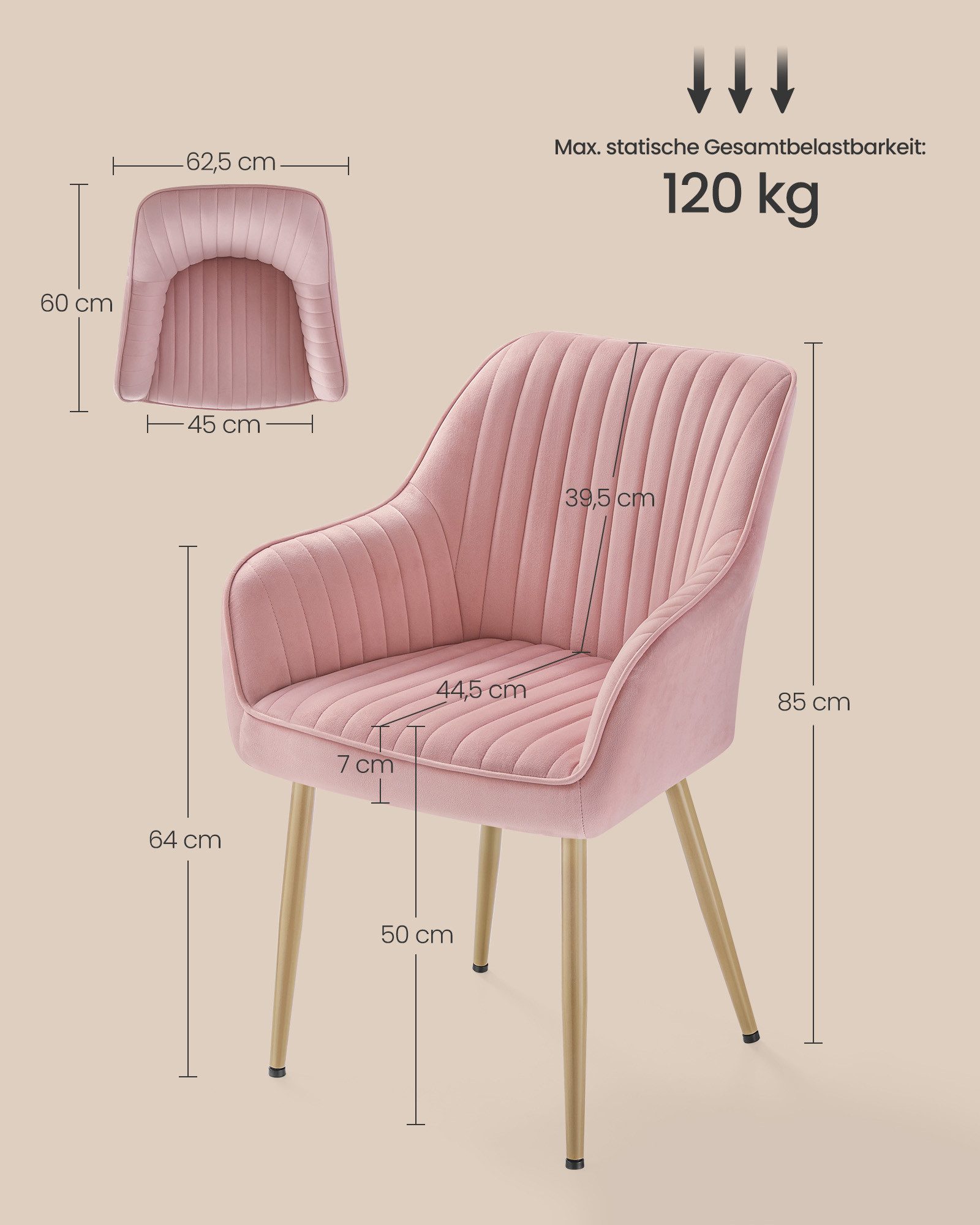 SONGMICS Esszimmerstuhl Küchenstuhl aus Samt, Polsterstuhl mit Armlehnen, Loungesessel (4 St), 4er Set Küchenstuhl, bis 120 kg belastbar – Bild 5 von 5