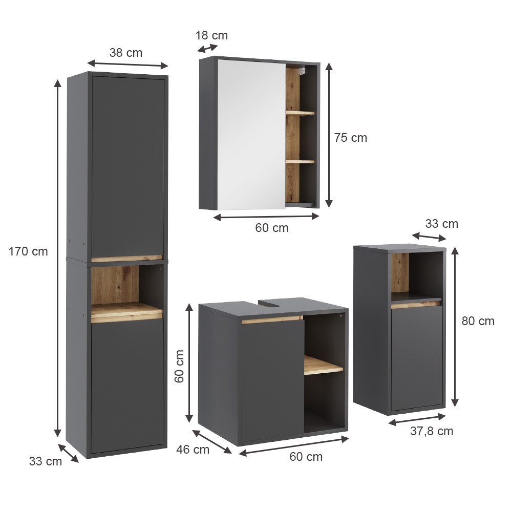 Vicco Badmöbel-Set Viola, Grau/Artisan, 4 Teile, günstig online kaufen