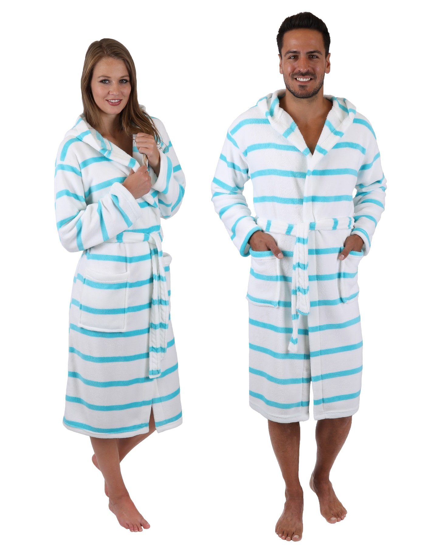 Betz Unisex-Bademantel Microfaser Bademantel Mallorca Morgenmantel für Damen und Herren mit Kapuze Farbe Weiß-Türkis Größe S/M, 100% Polyester