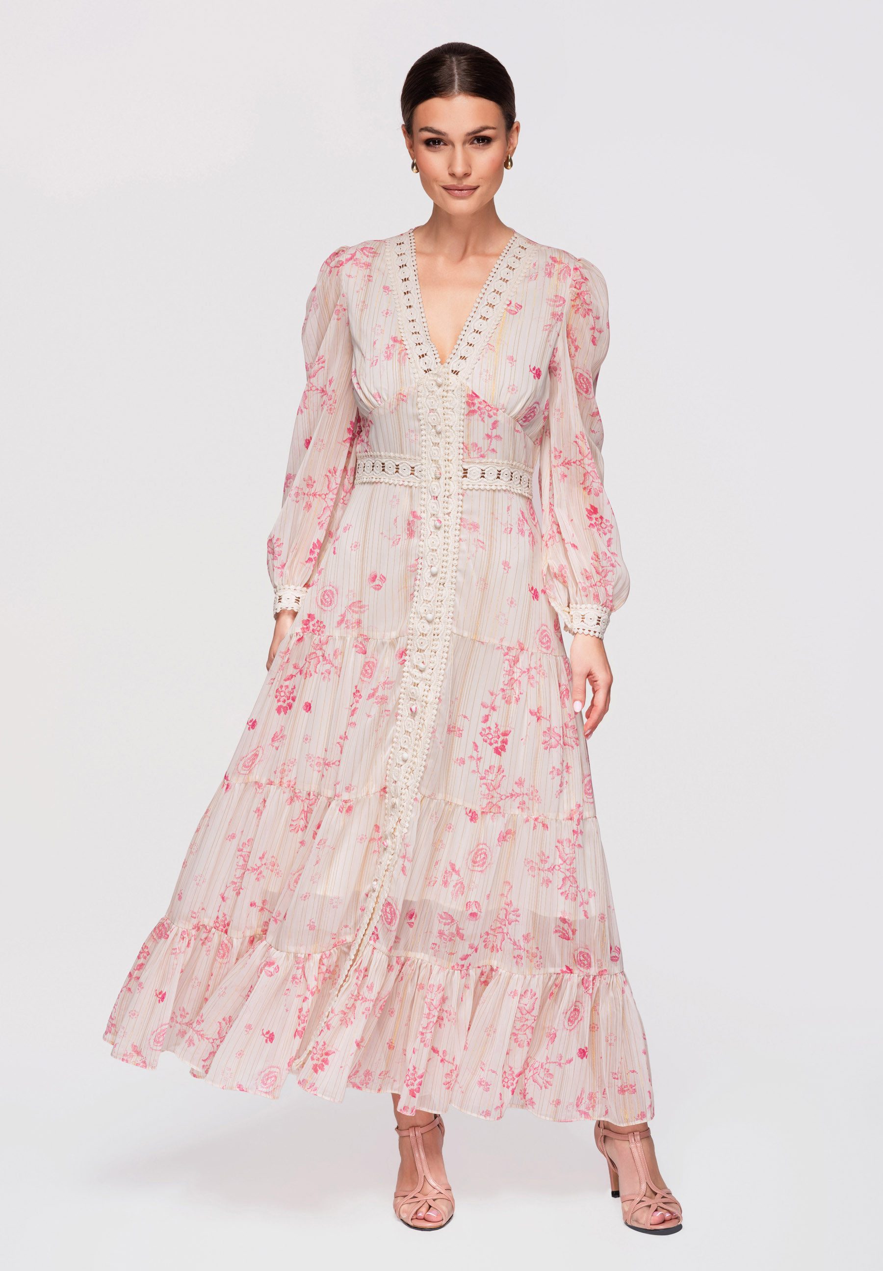 OMBRE Abendkleid Damen Maxikleid V-Ausschnitt Spitze Elegant Ecru M (kein Set, 1-tlg)