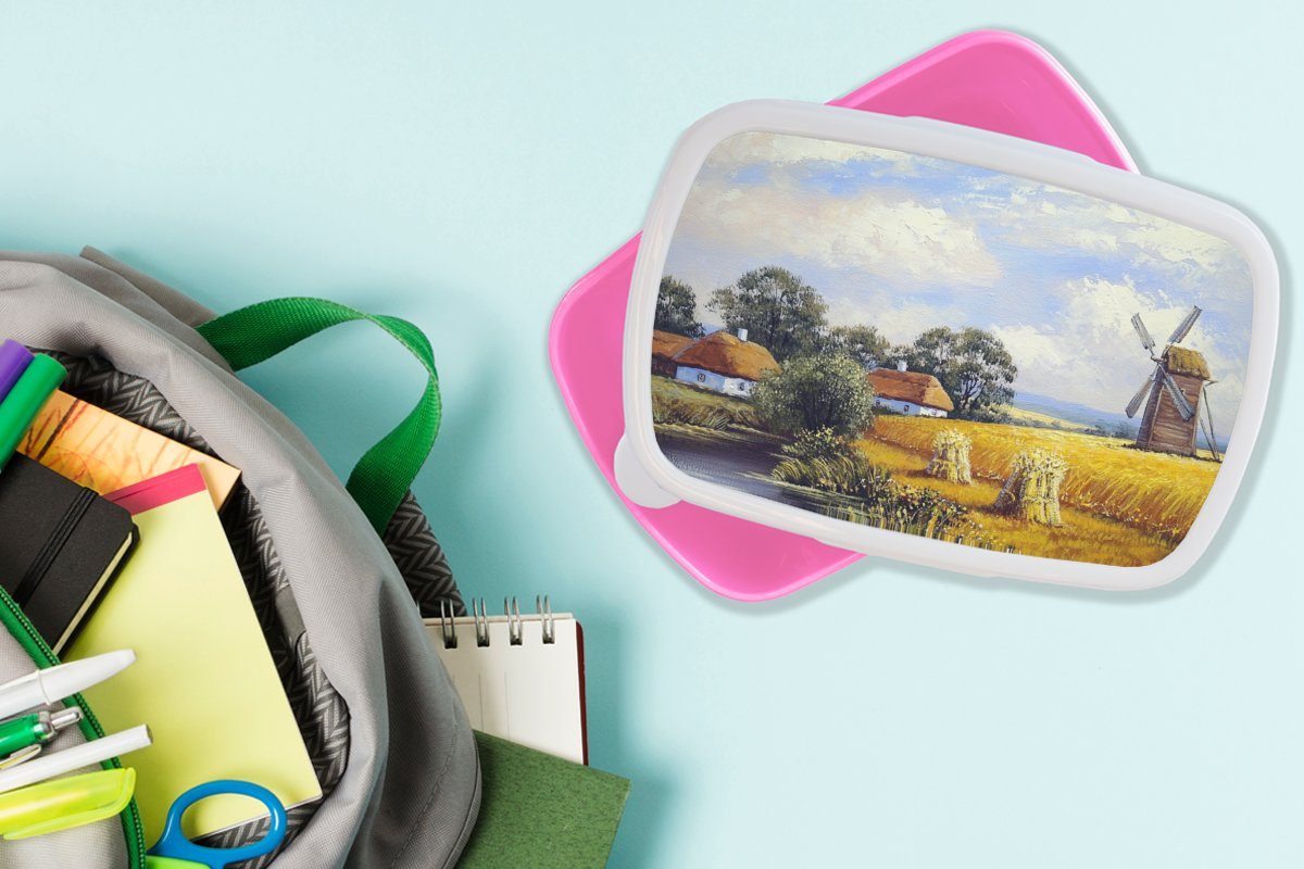 Bauernhof - Erwachsene, Kinder, Mühle Lunchbox (2-tlg), für Gemälde rosa Ölfarbe, - Mädchen, Kunststoff, Brotbox MuchoWow Brotdose Kunststoff - Snackbox,
