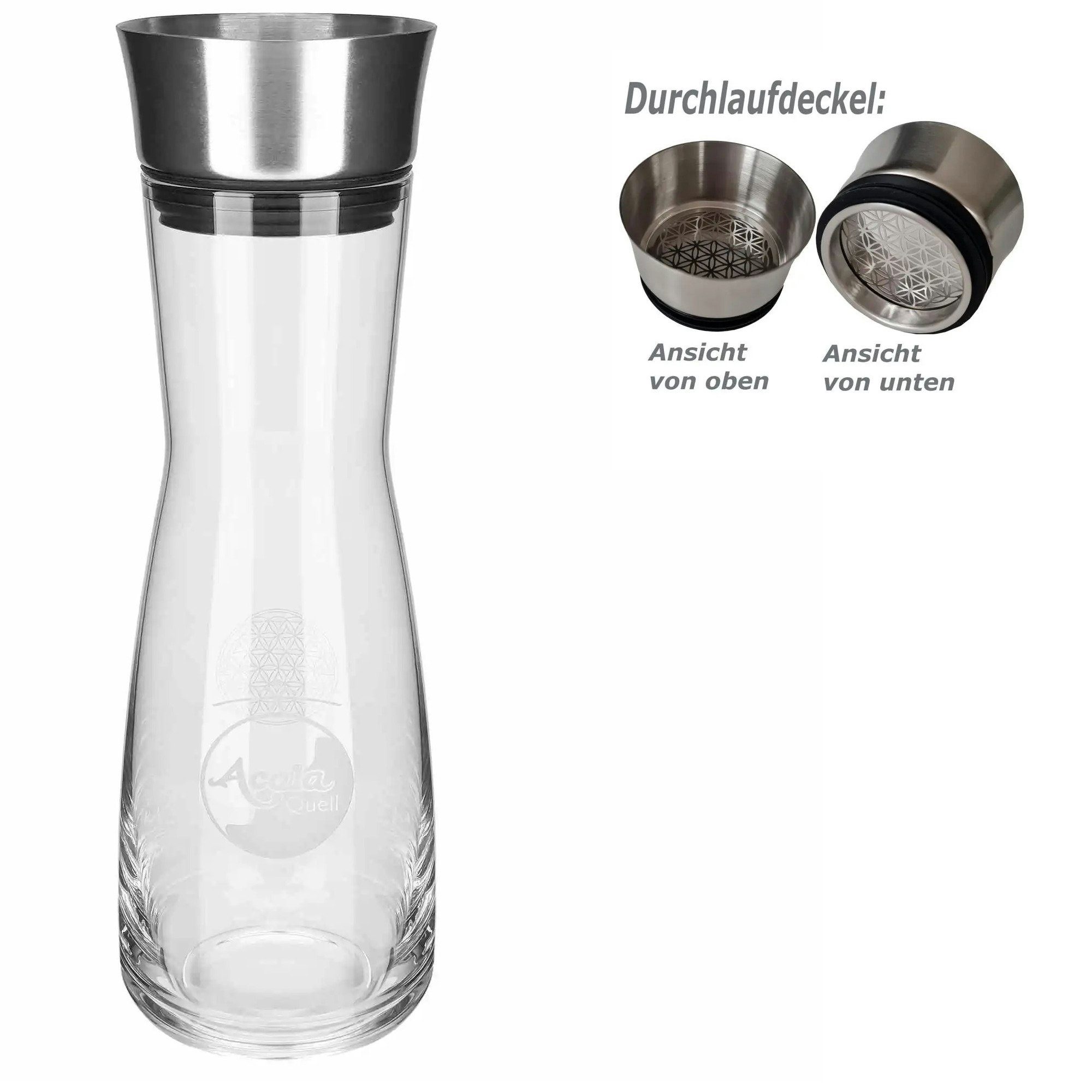 AcalaQuell Wasserkaraffe Aurora aus Glas, 1 Liter mit Gravur Blume des Lebens