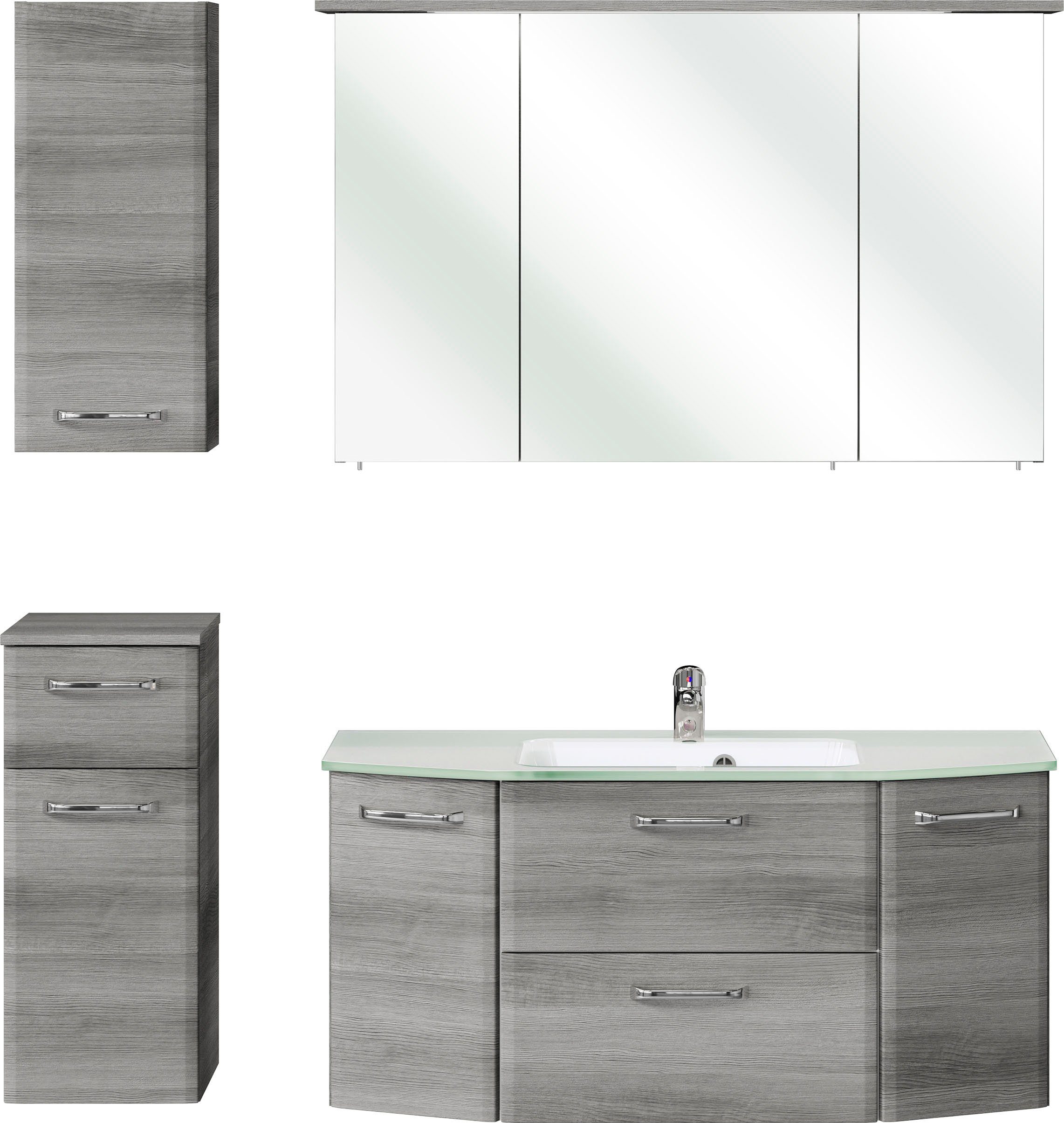 Saphir Badmöbel-Set Quickset 4-teilig, Glaswaschtisch und LED-Spiegelschrank, (5-St), Unterschrank, Hängeschrank, inkl. Türdämpfer, 7 Türen, 1 Klappe