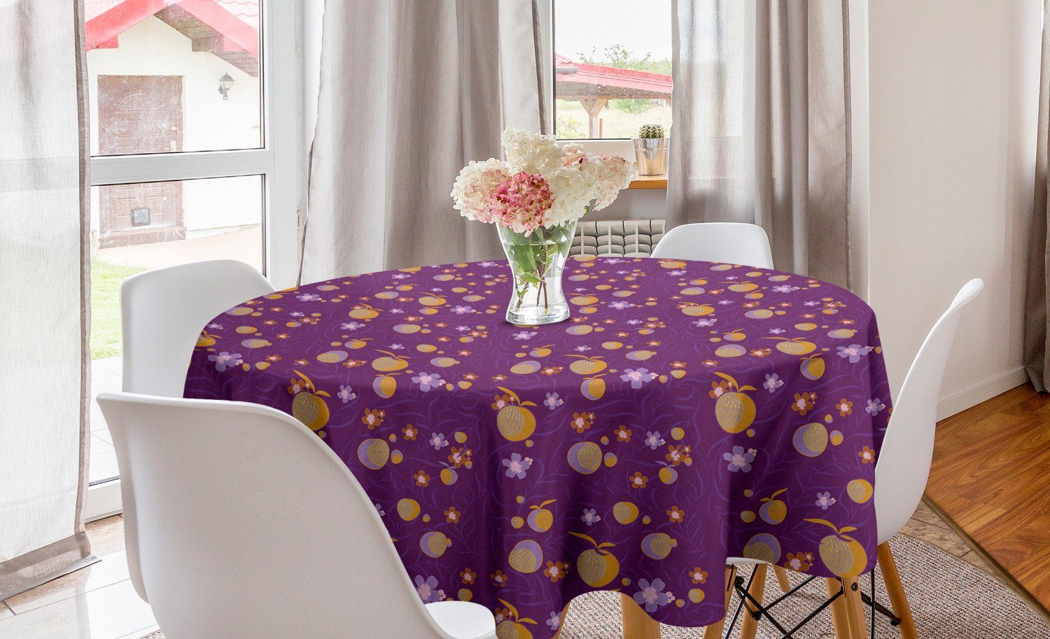 Abakuhaus Tischdecke Kreis Tischdecke Abdeckung für Esszimmer Küche Dekoration, Blumen Blumen-Blätter und Früchte
