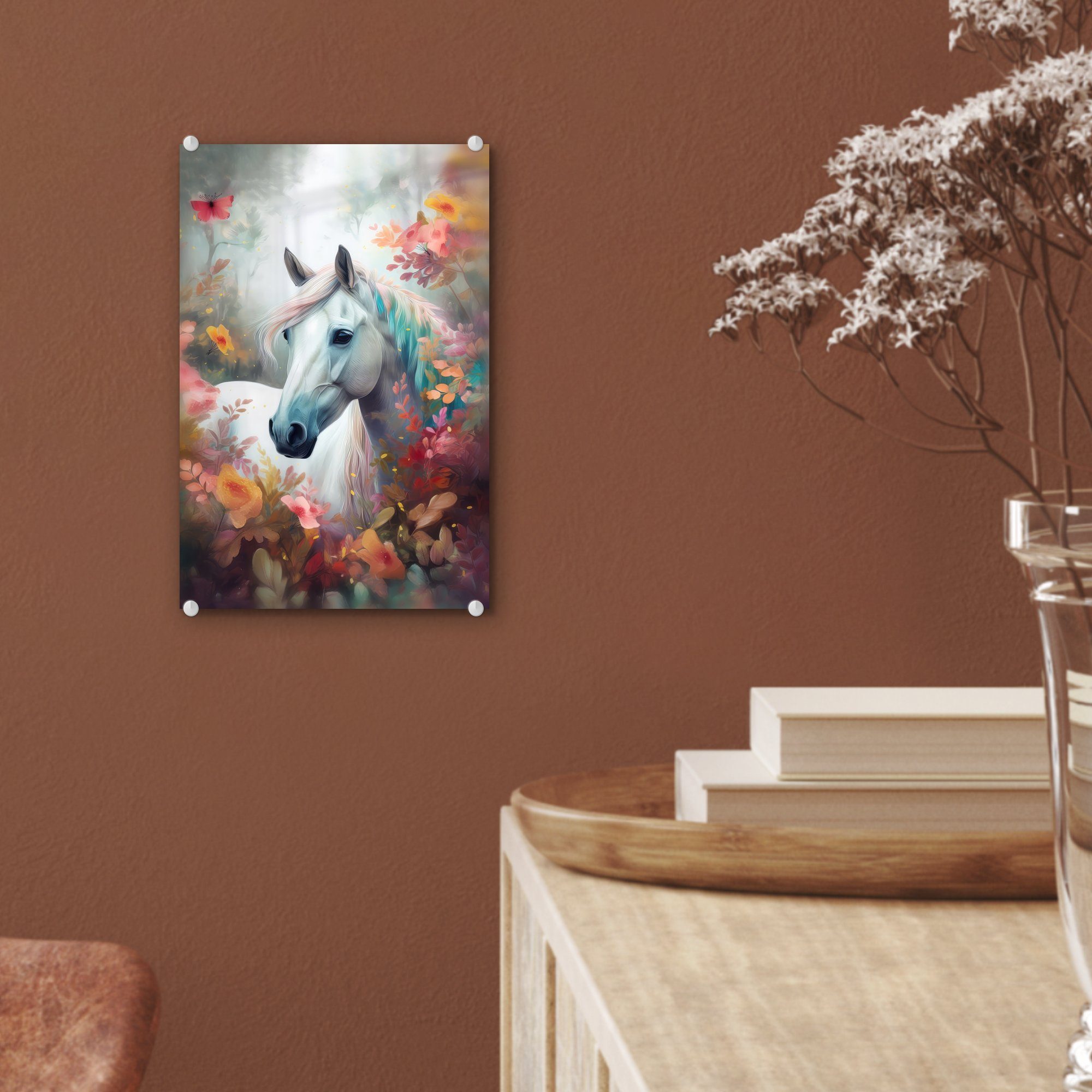 MuchoWow Acrylglasbild Wandbild Bilder - - Glas - Tiere - Natur - auf St), - Pferd auf Glasbilder - Wald, Foto Blumen Glas (1 Wanddekoration