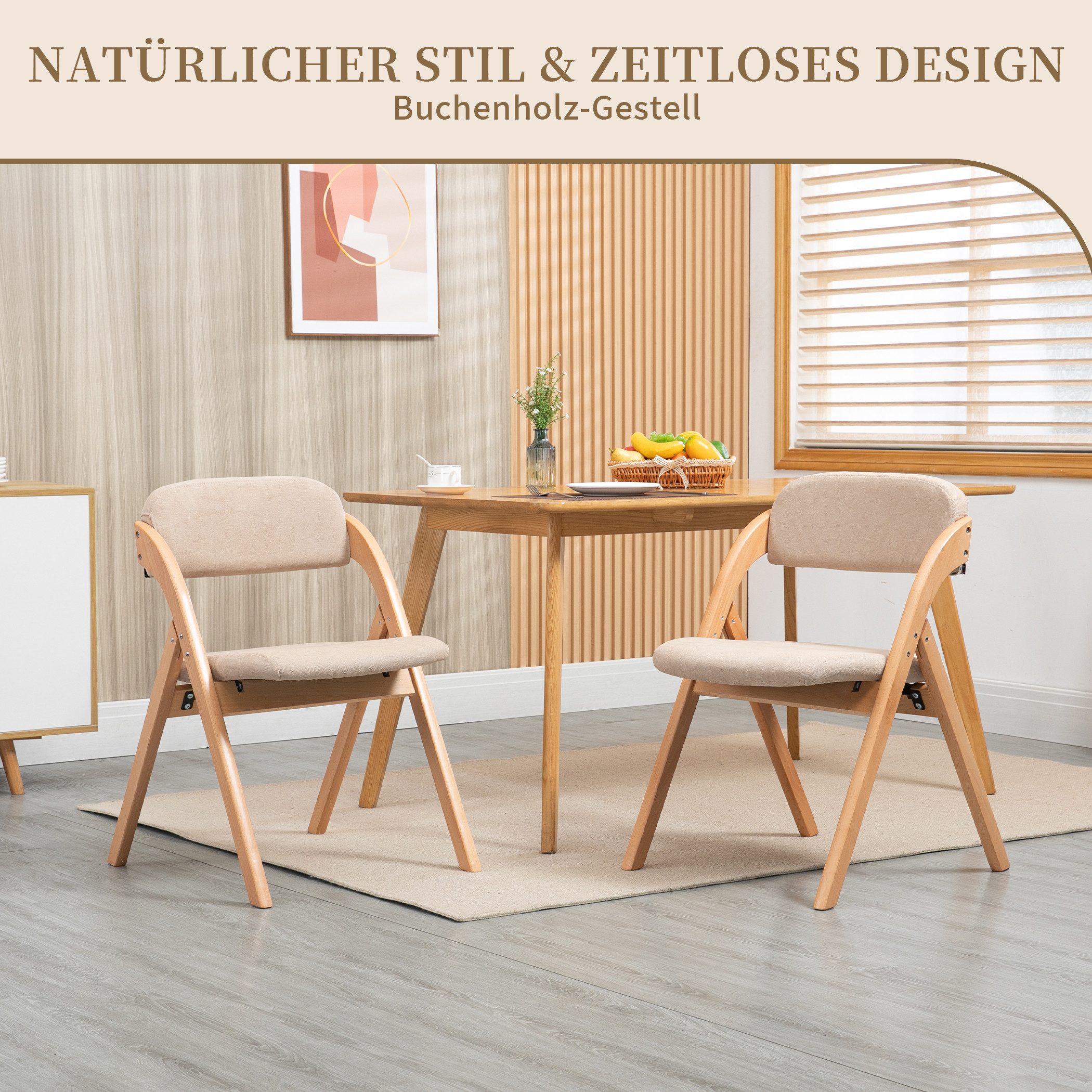 SeedWave Esszimmerstuhl Klappstuhl 2er Set Holzgestell Küchenstuhl mit Abnehmbarem Leinenbezug, Rutschfeste Füße mit Filzpads
