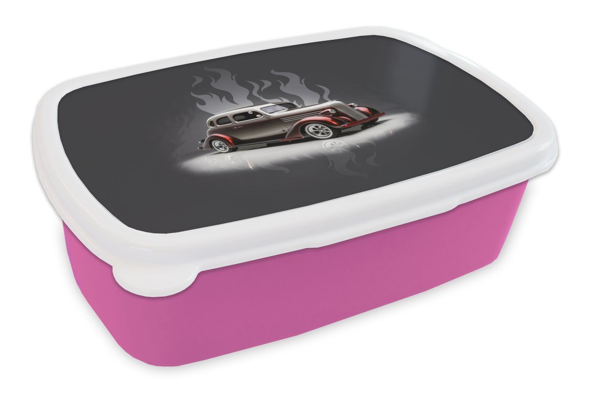 MuchoWow Lunchbox Auto - Weiß - Flammen - Vintage, Kunststoff, (2-tlg), Brotbox für Erwachsene, Brotdose Kinder, Snackbox, Mädchen, Kunststoff rosa