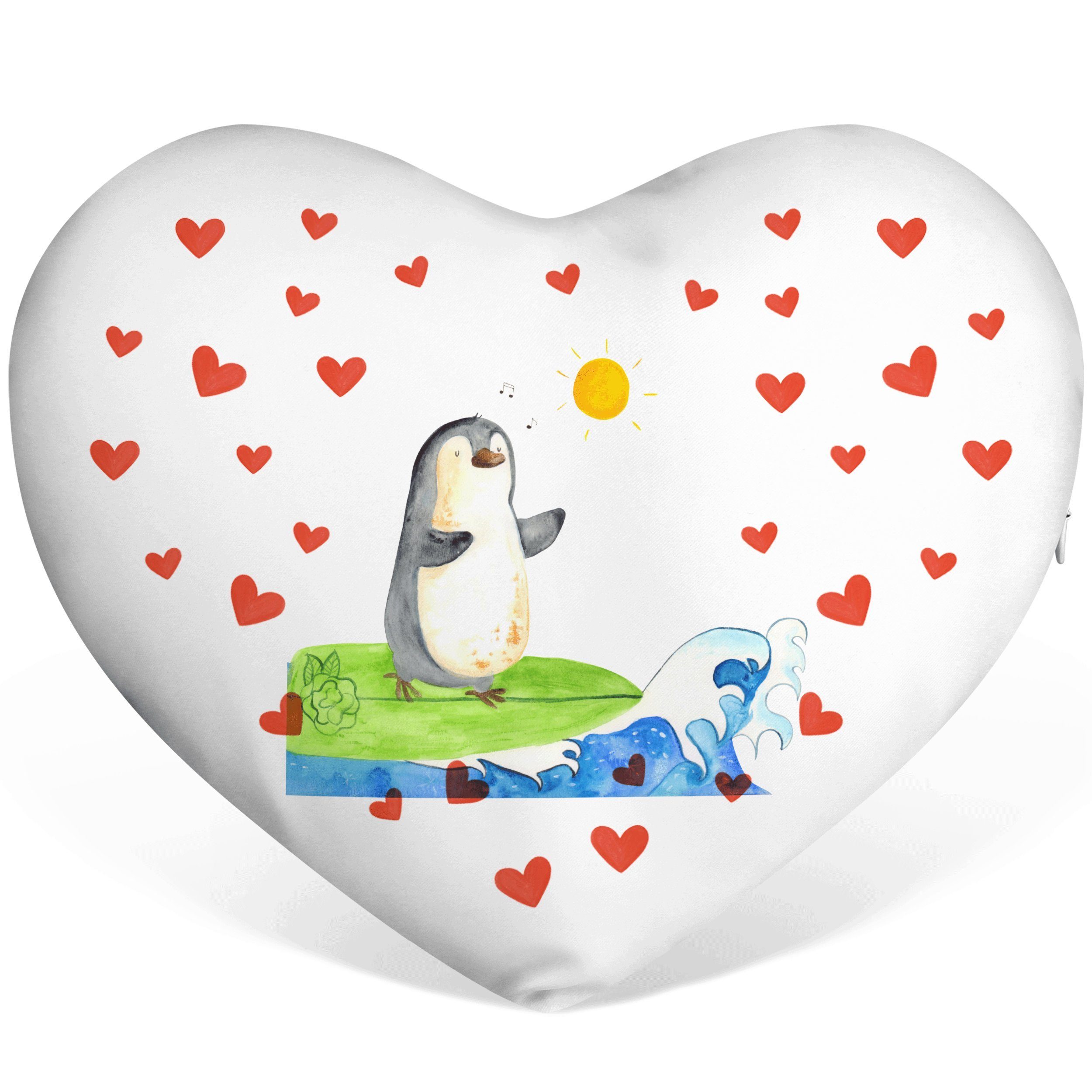 Mr. & Mrs. Panda Dekokissen Pinguin Surfer - Weiß - Geschenk, Wellen, Kissen, Hawaii, Herzform, W