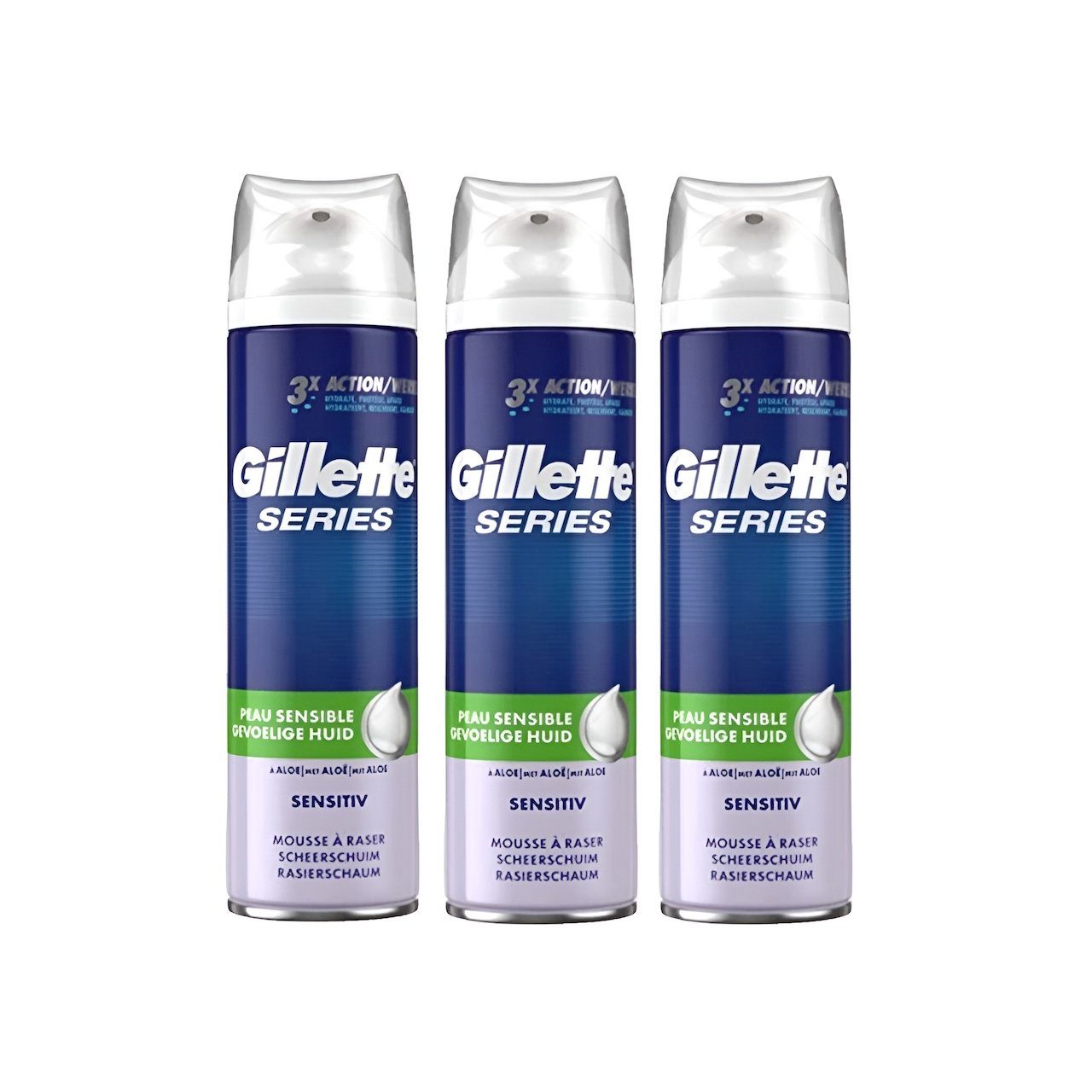 Gillette Rasierschaum Fusion 5 Proglide Power Mach 3 Series Sensitiv Aloe Vera, 3-tlg., für Männer, Aloe-Formel Schutz Feuchtigkeitsspendend Empfindliche Haut