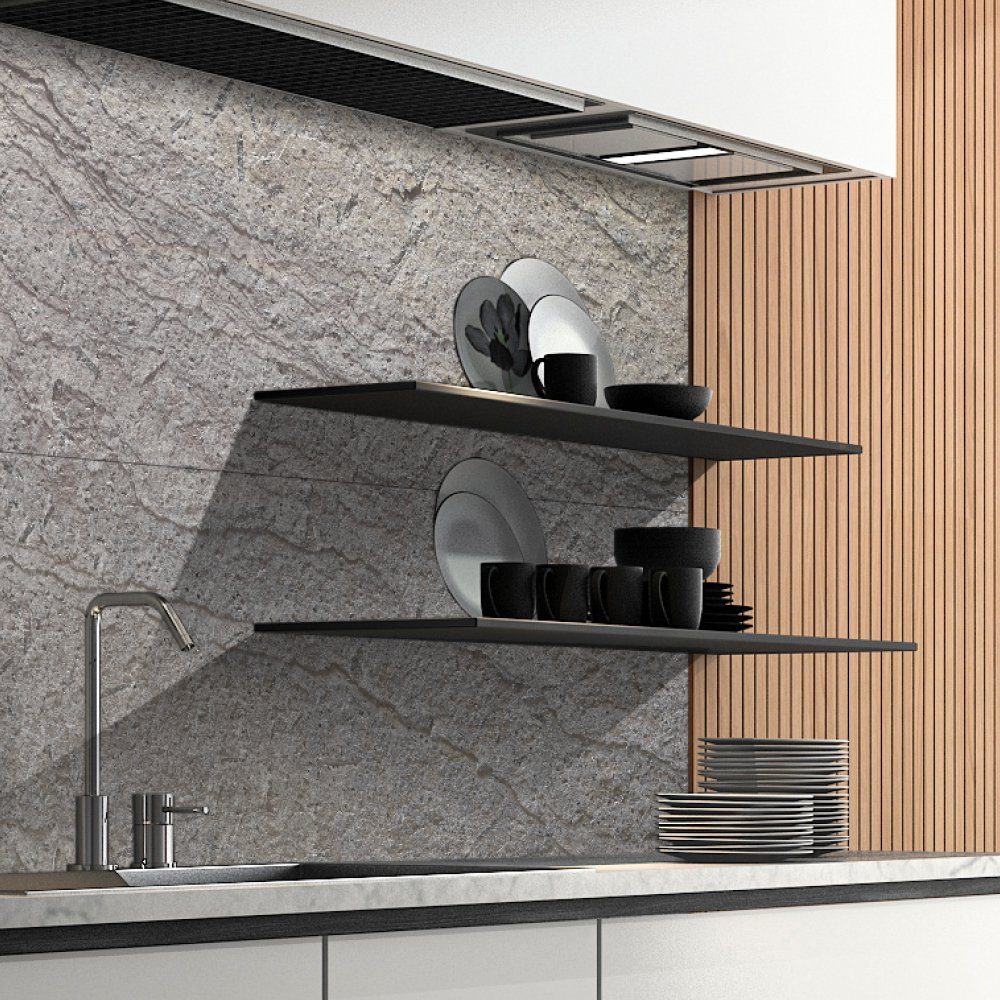 DRUCK-EXPERT Küchenrückwand Naturstein aus 100 % Echtstein - jede Platte ein Unikat Glimmerschiefer Platingrau