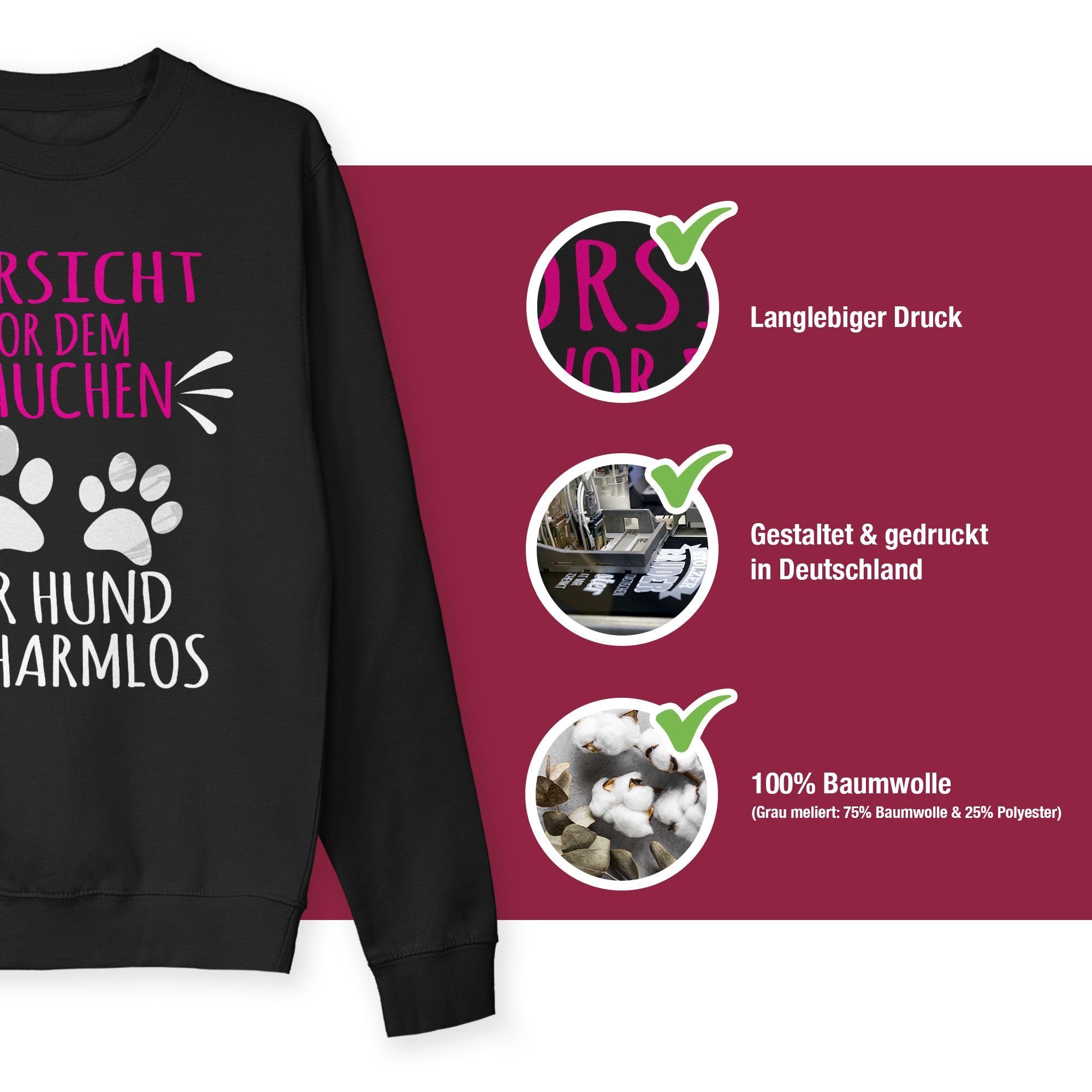 Shirtracer Frauchen weiß Pfotenabdrücke Sweatshirt Vorsicht für Schwarz (1-tlg) - Hundebesitzer Geschenk 2 vor dem -