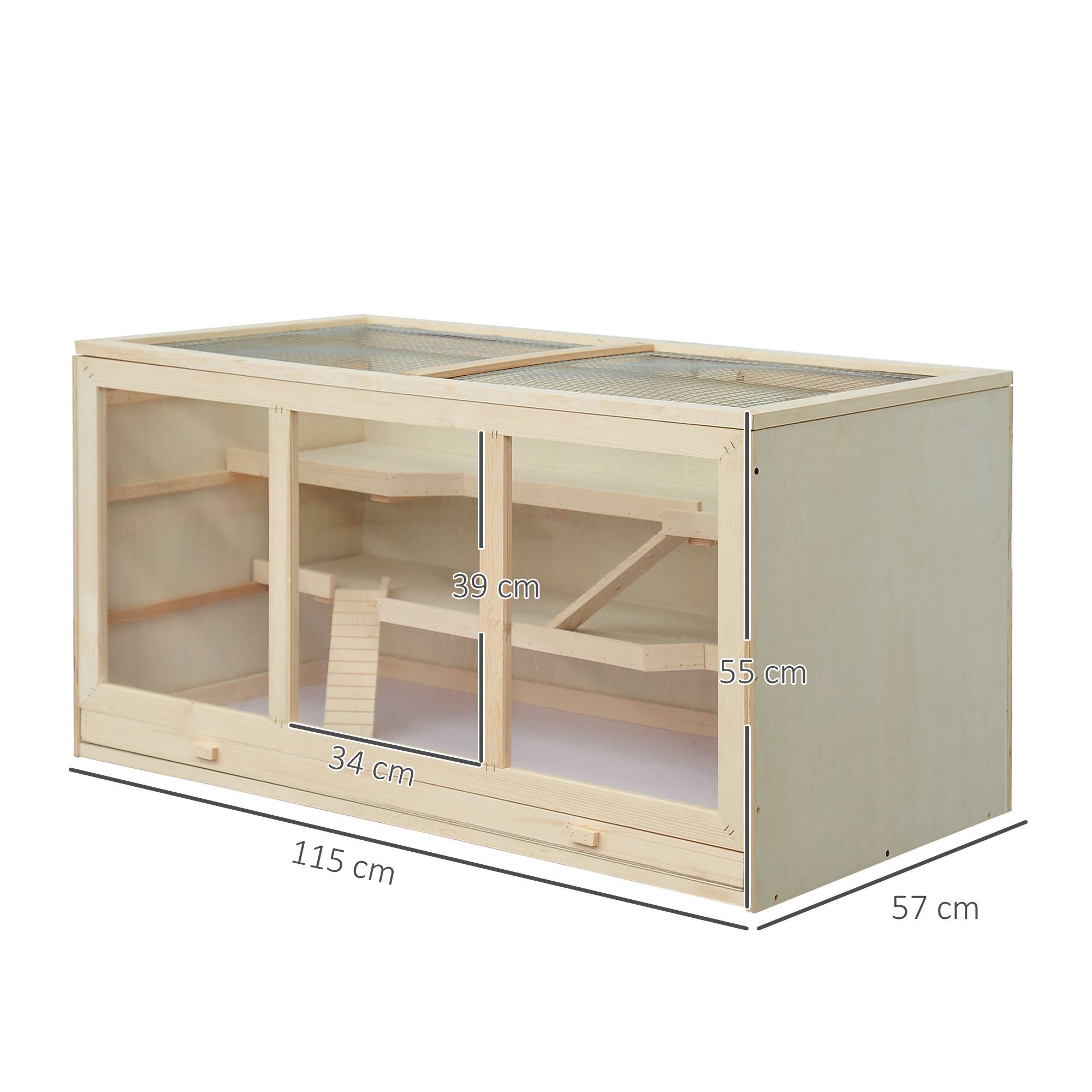 PawHut Kleintierkäfig Hamsterkäfig aus Holz 3 Etagen Nagerkäfig mit reinigbar Ablage, Naturholz 115 x 57 x 55 cm