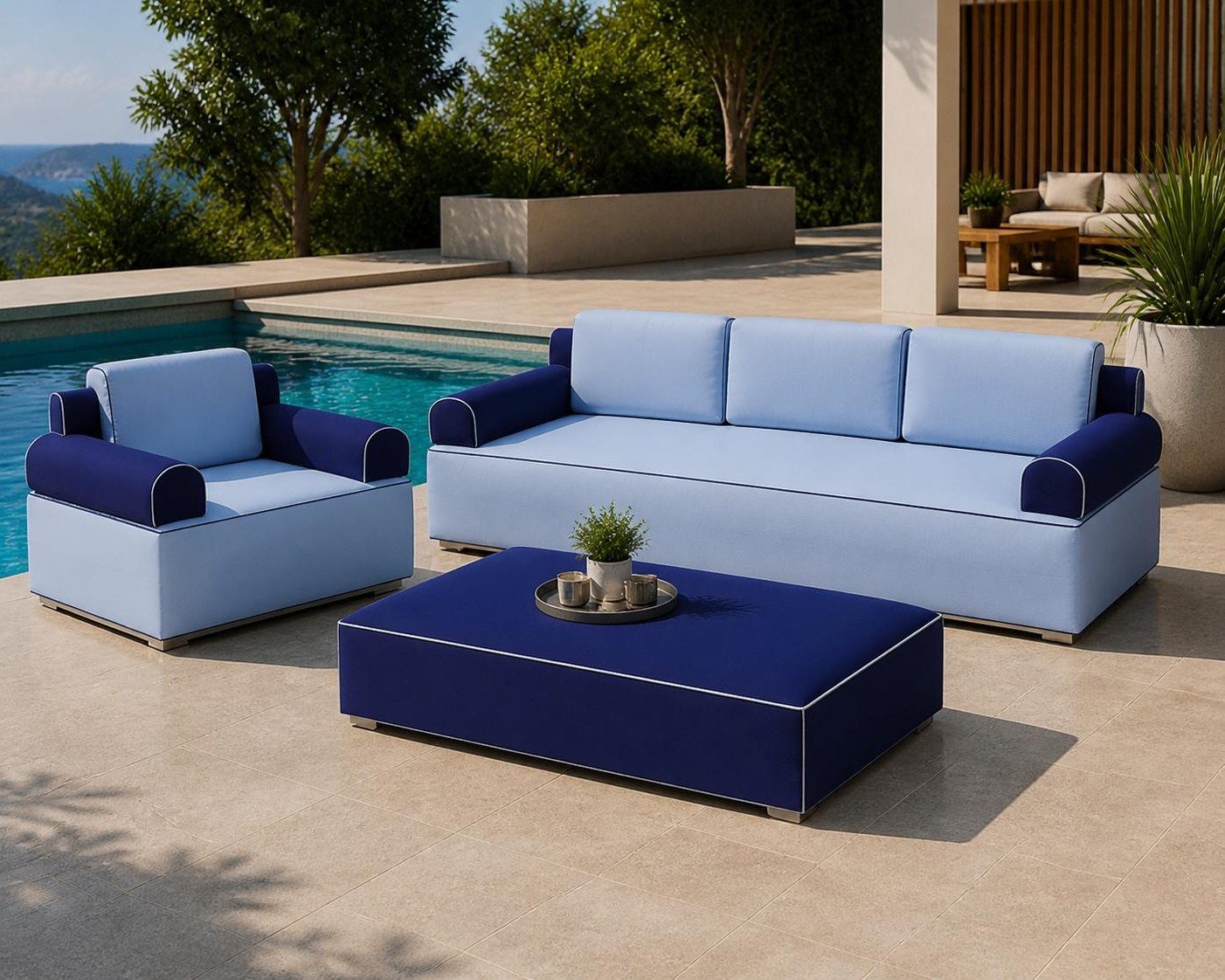 Xlmoebel Gartenlounge-Set Bequeme blaue Gartenlounge mit modernem Design und Kissen, (1-tlg), Made in Europa